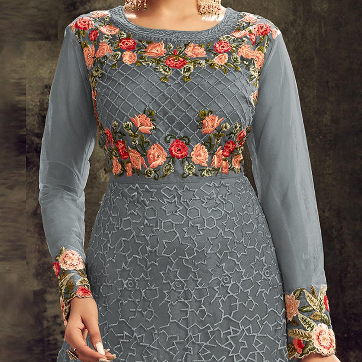 Partywear Designer Embroidery With Stone Work Grey Heavy Butterfly Net Anarkali Suit - Peachmode