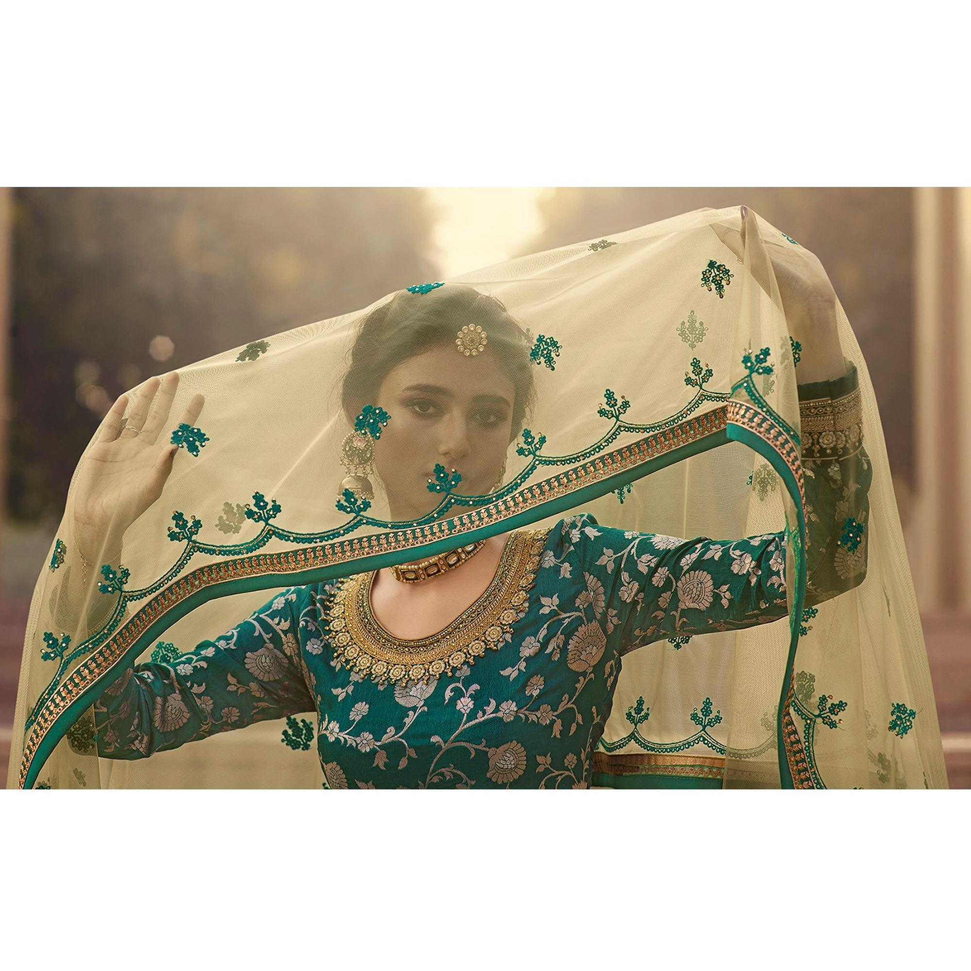 Partywear Designer Floral Embroidery Work Green Dola Jaquard Silk Plazzo Suit - Peachmode