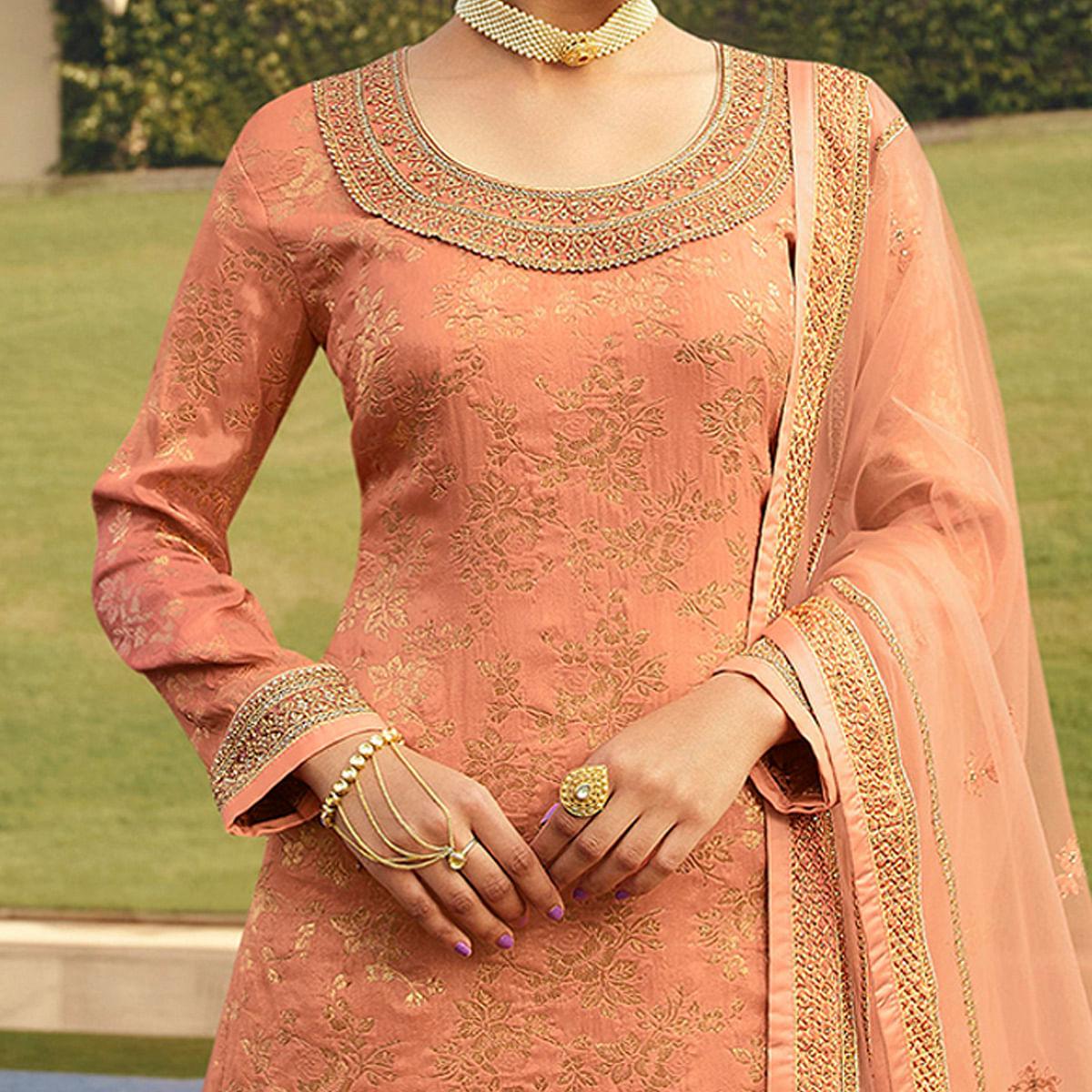Partywear Designer Floral Embroidery Work Peach Dola Jaquard Silk Plazzo Suit - Peachmode