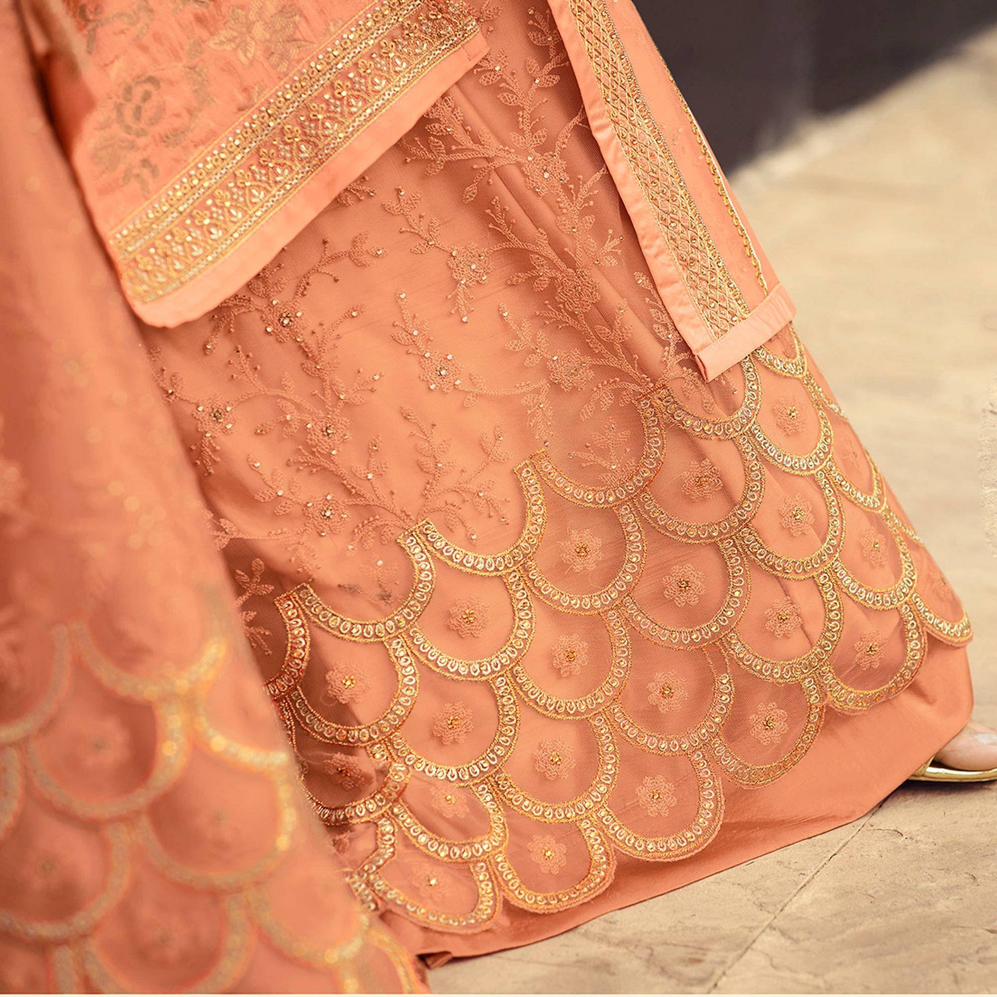 Partywear Designer Floral Embroidery Work Peach Dola Jaquard Silk Plazzo Suit - Peachmode