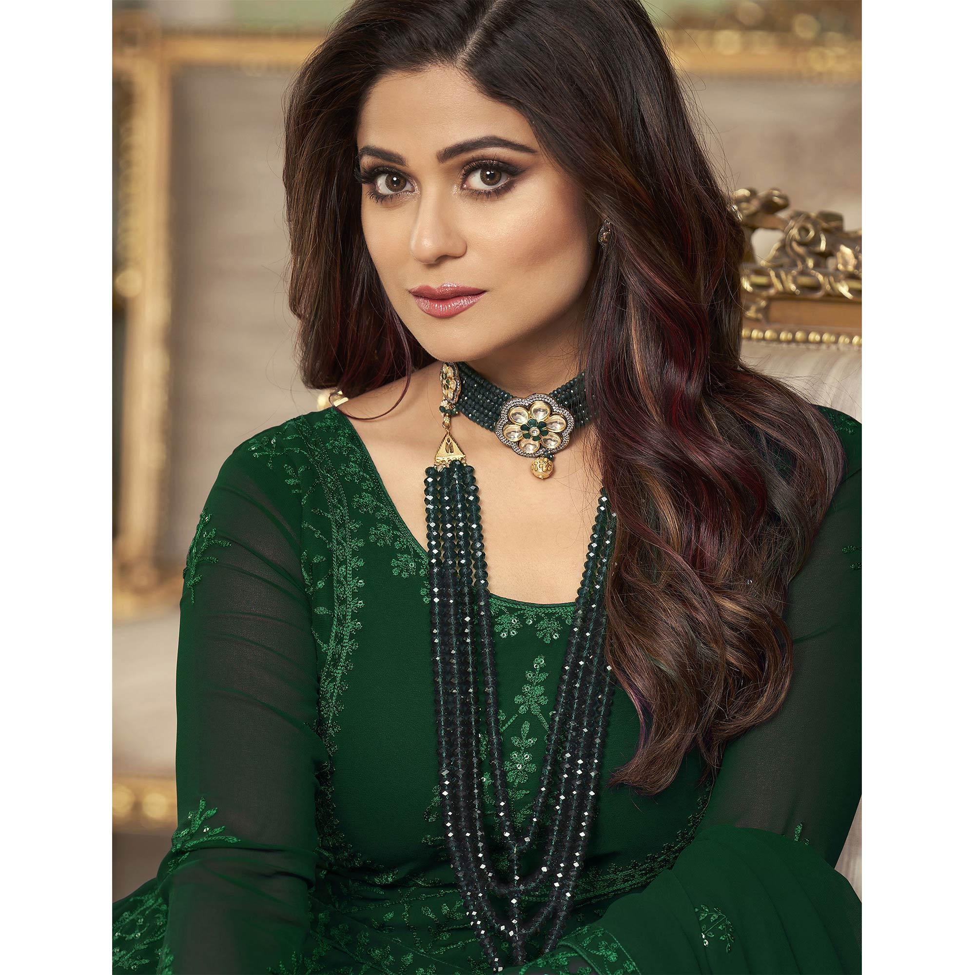 Partywear Floral Designer Dark Green Sequence Work Heavy Fox Georgette Anarkali Suit - Peachmode