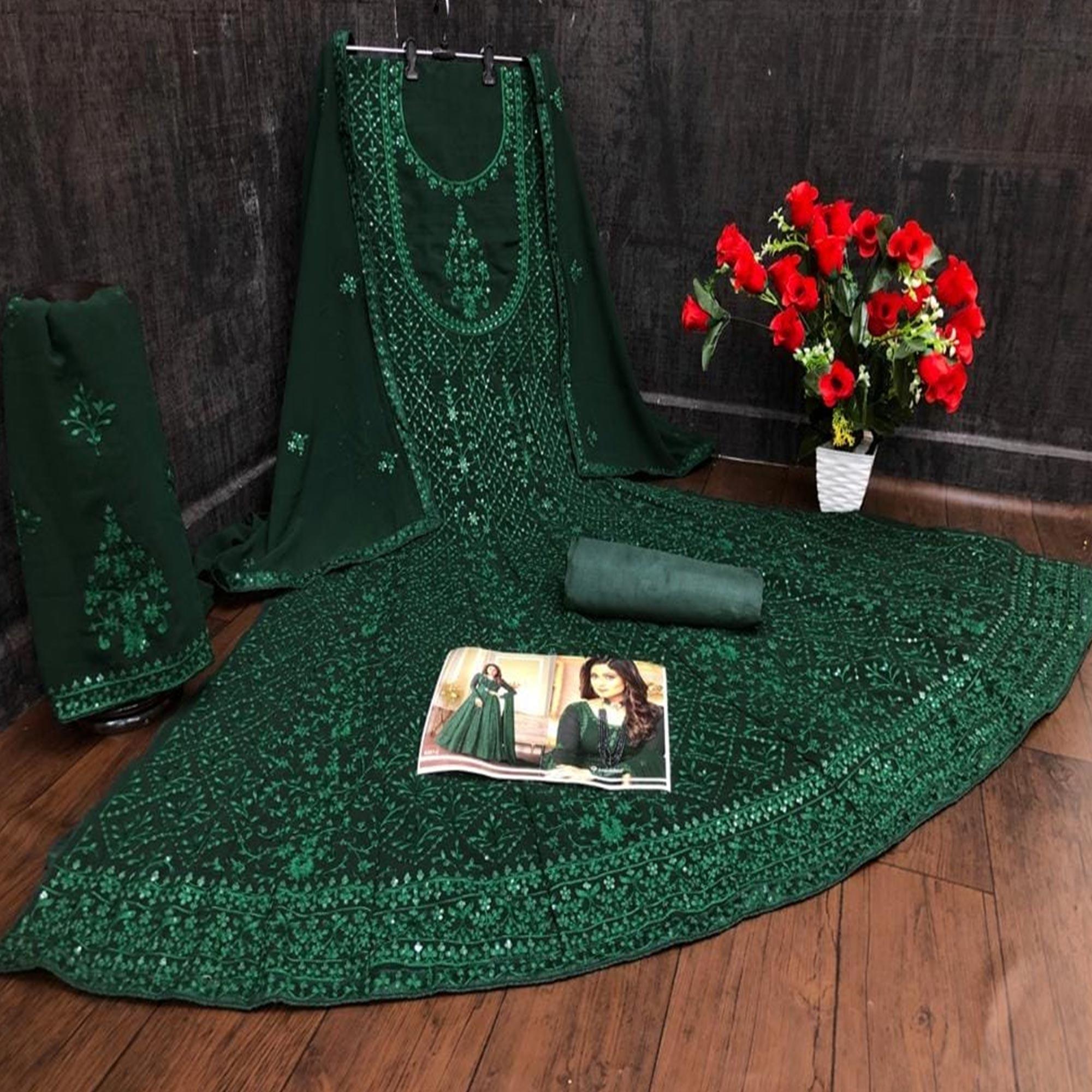 Partywear Floral Designer Dark Green Sequence Work Heavy Fox Georgette Anarkali Suit - Peachmode
