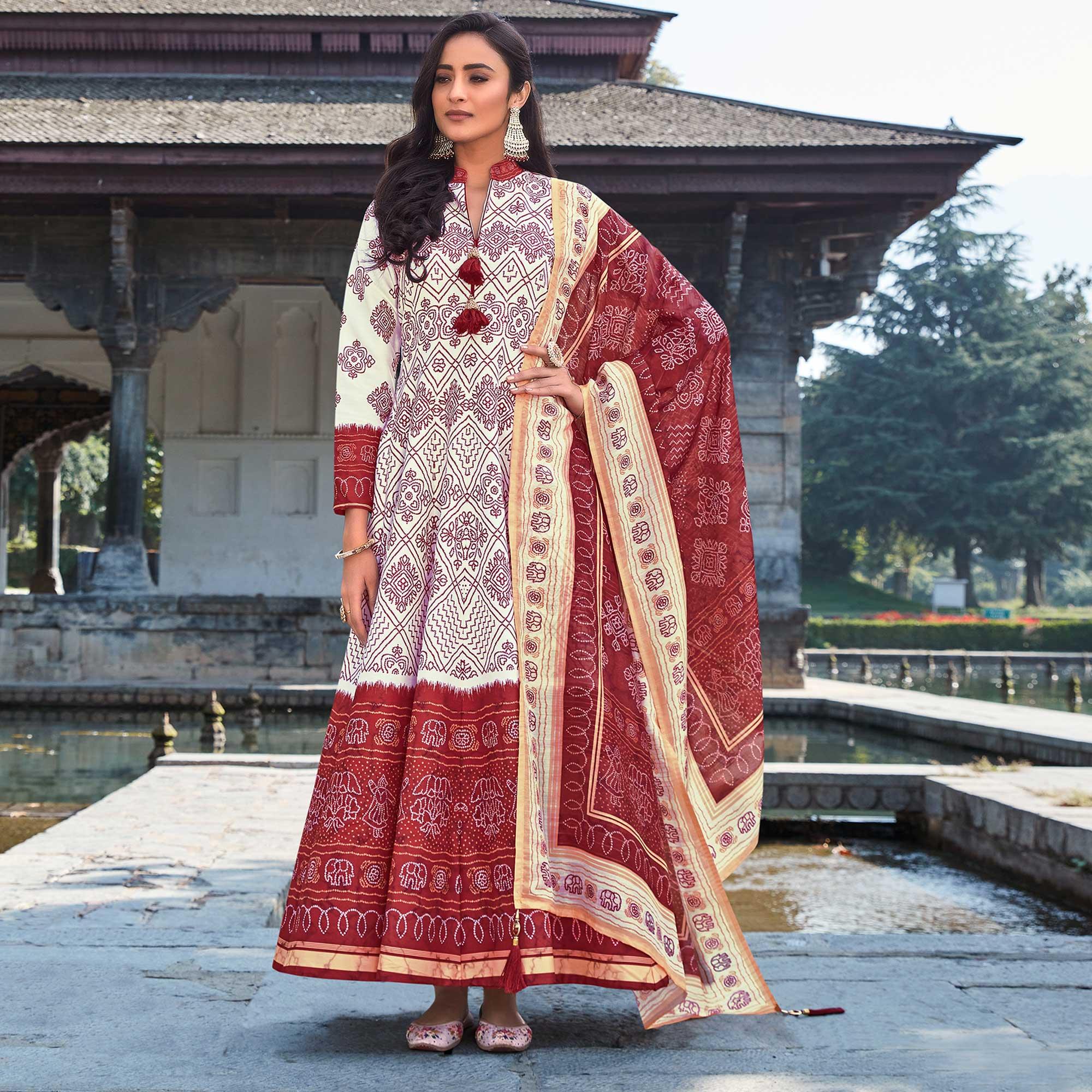 Partywear Off White Digital Printed Killer Silk Salwar anarkali Suit - Peachmode