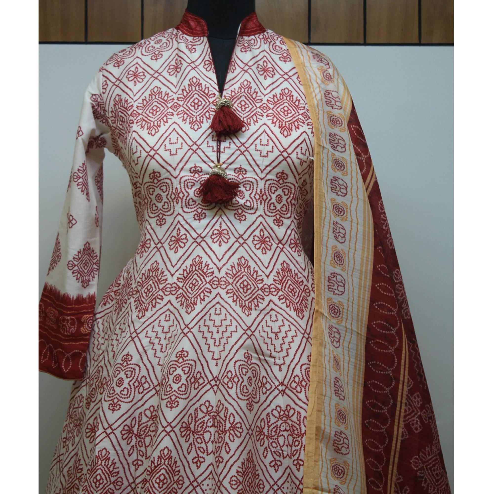 Partywear Off White Digital Printed Killer Silk Salwar anarkali Suit - Peachmode
