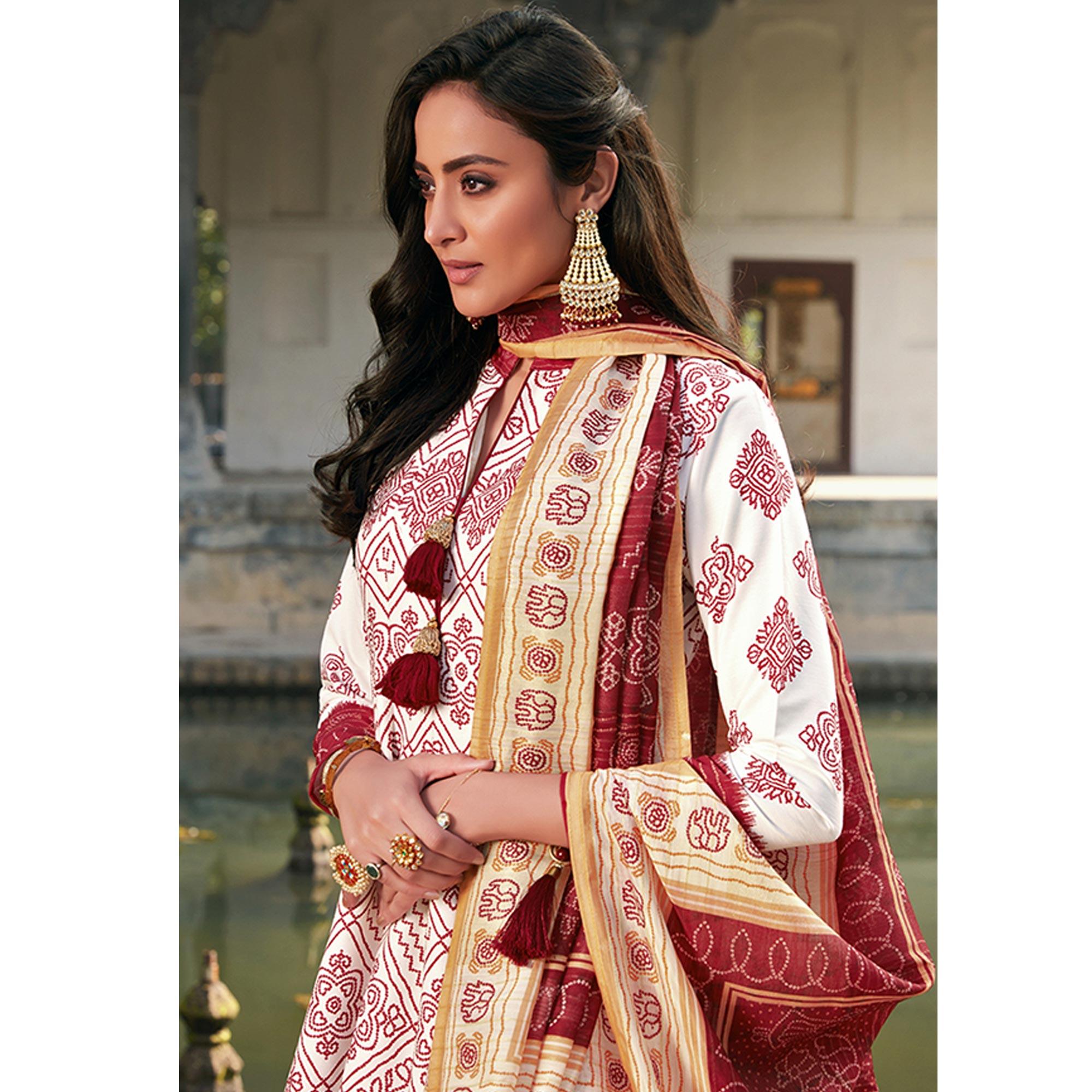 Partywear Off White Digital Printed Killer Silk Salwar anarkali Suit - Peachmode