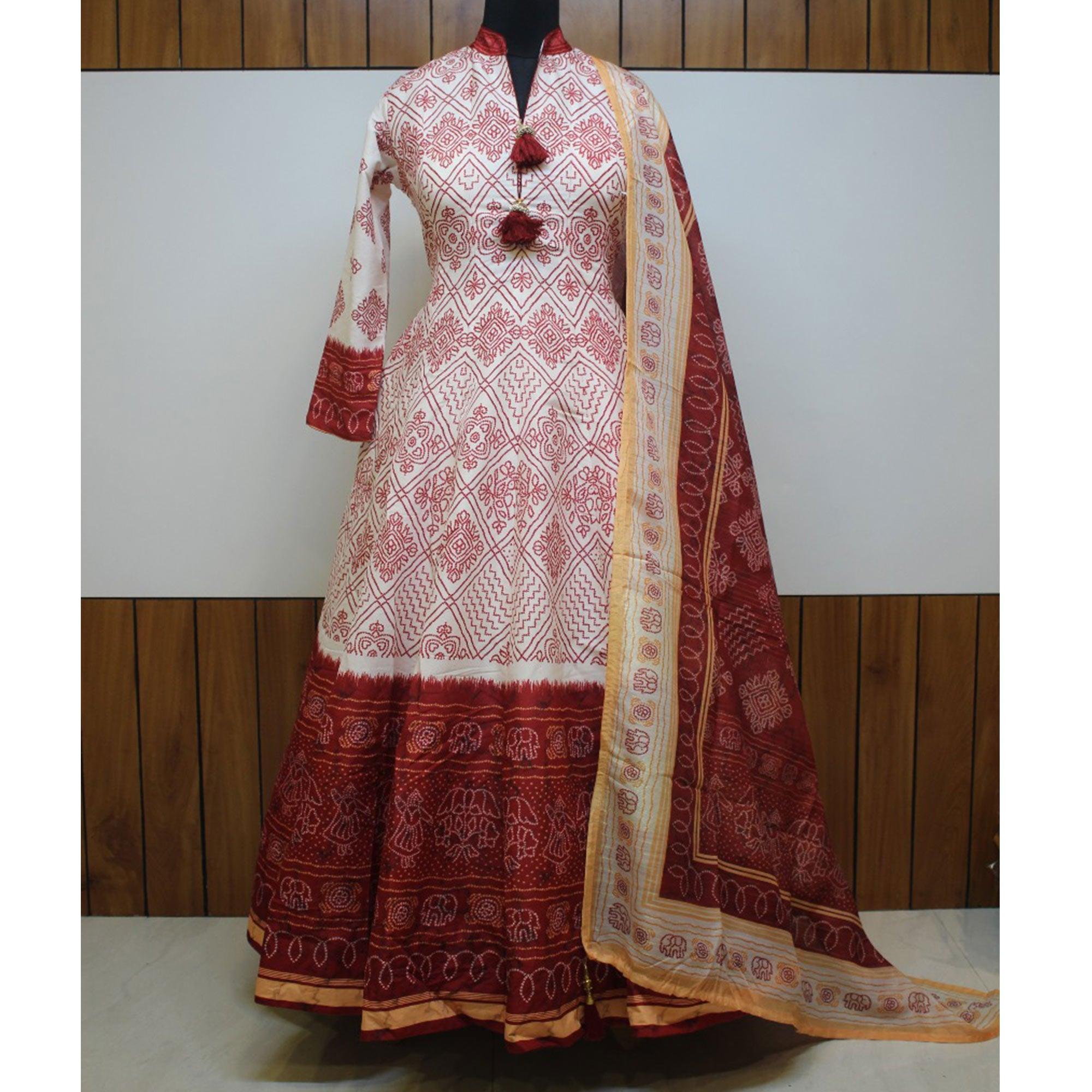 Partywear Off White Digital Printed Killer Silk Salwar anarkali Suit - Peachmode