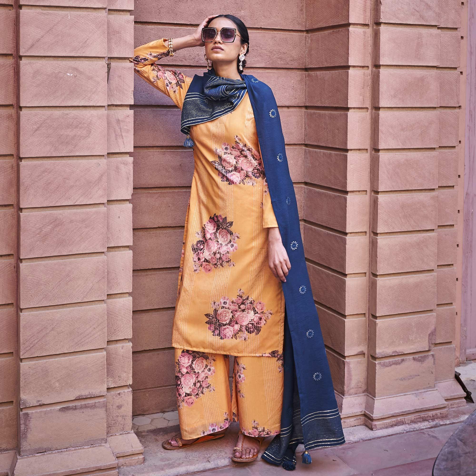 Partywear Orange Designer Floral Printed Crochet Palazzo Suit - Peachmode