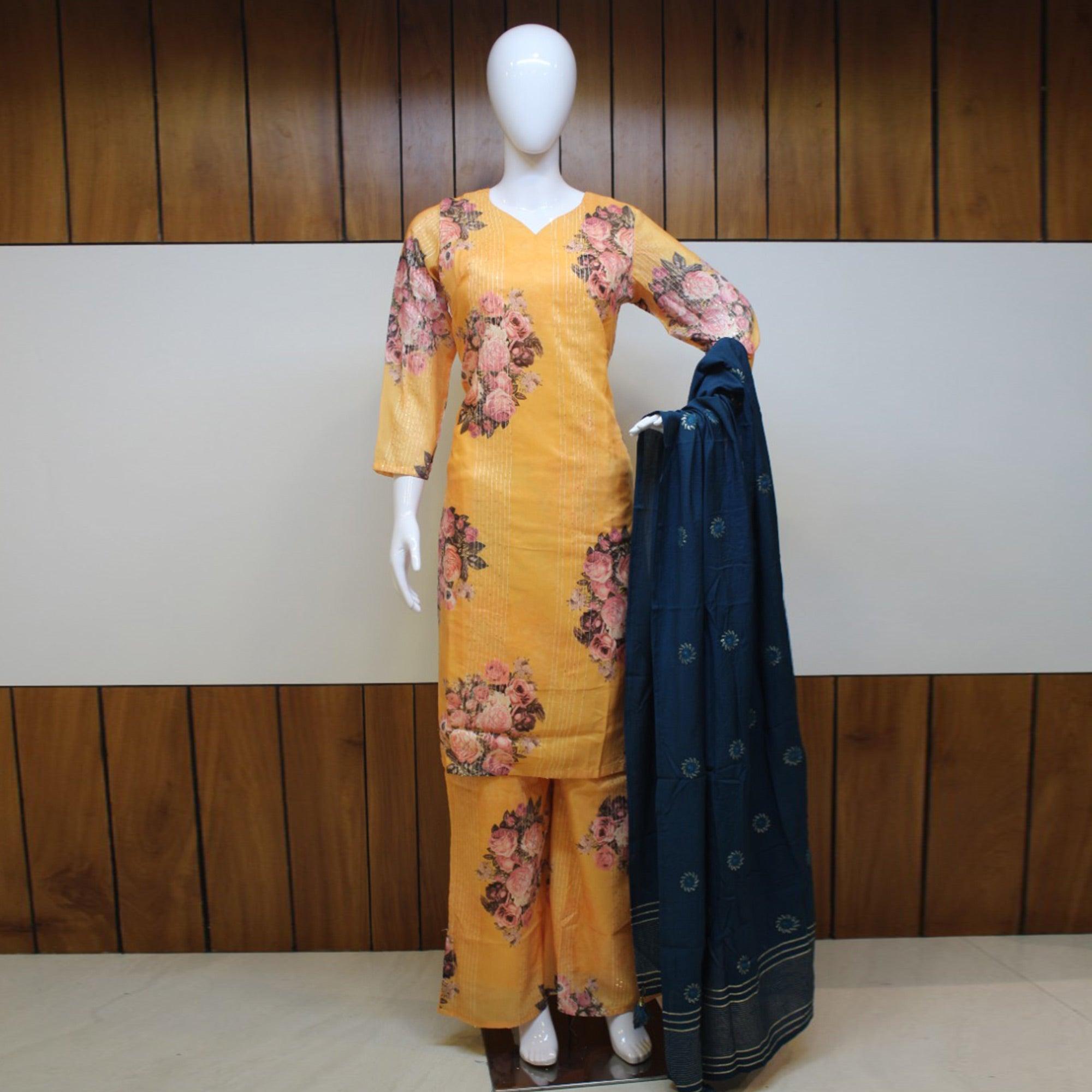Partywear Orange Designer Floral Printed Crochet Palazzo Suit - Peachmode