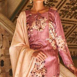 Partywear Pale-Violet-Red Designer Floral Printed Crochet Palazzo Suit - Peachmode
