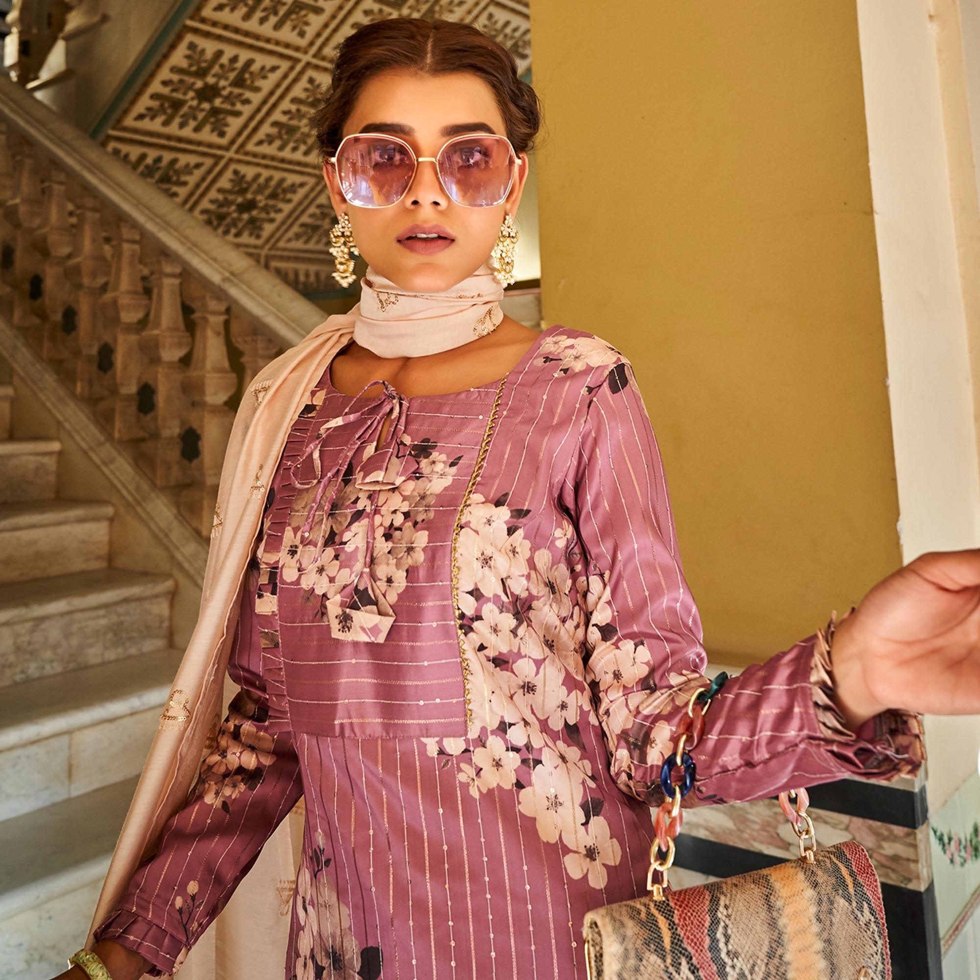 Partywear Pale-Violet-Red Designer Floral Printed Crochet Palazzo Suit - Peachmode