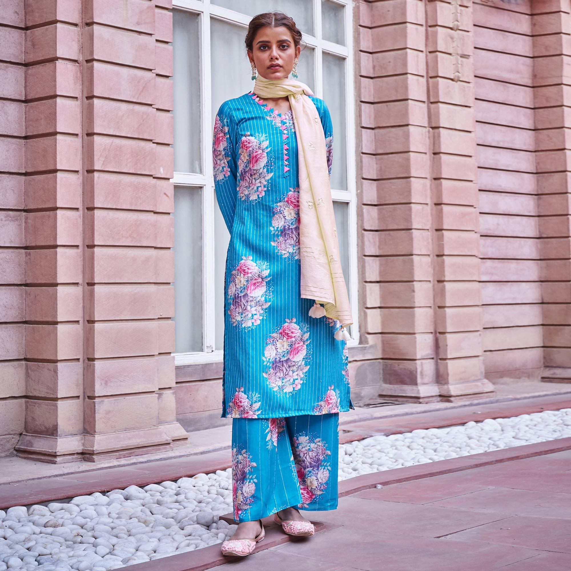 Partywear Sky Blue Designer Floral Printed Crochet Palazzo Suit - Peachmode