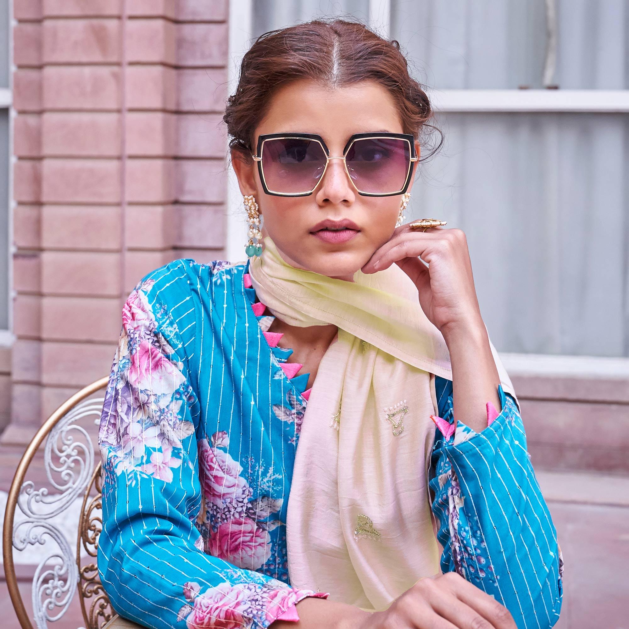 Partywear Sky Blue Designer Floral Printed Crochet Palazzo Suit - Peachmode