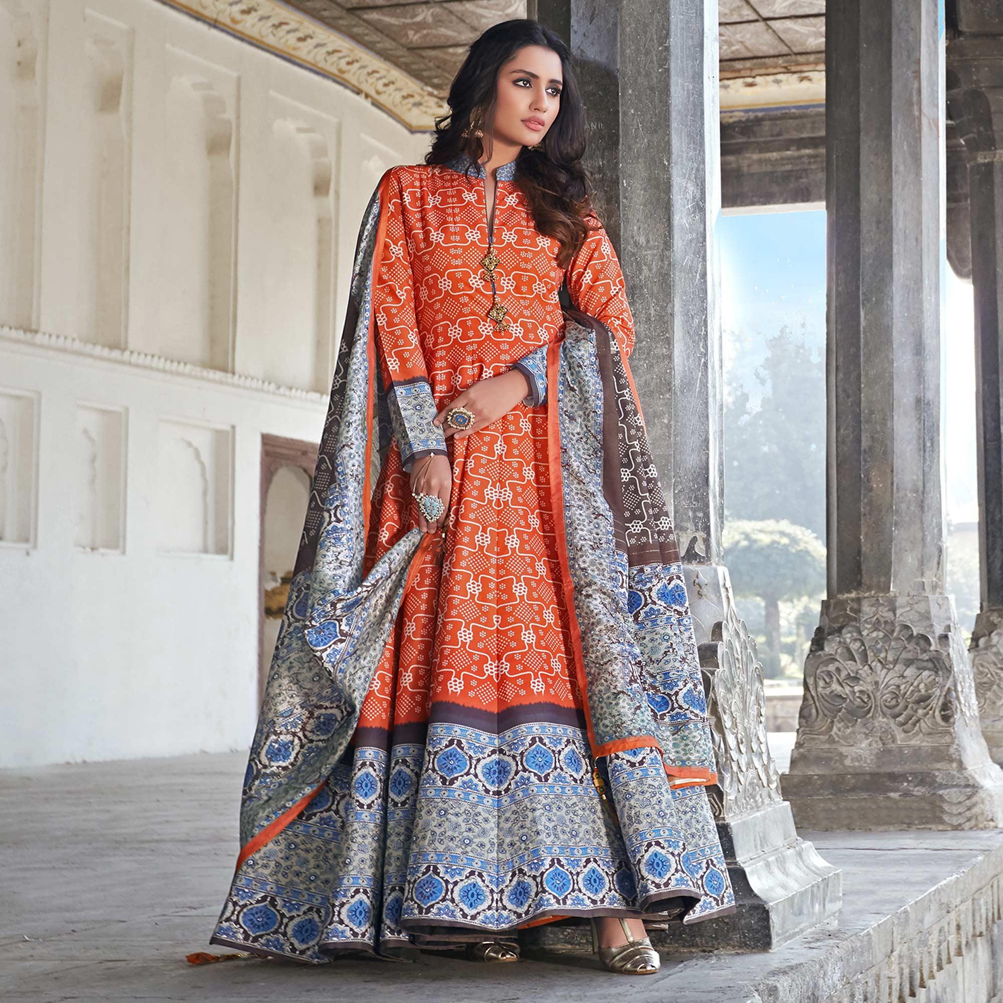 Partywear Vermillion-Orange Digital Printed Killer Silk anarkali Suit - Peachmode
