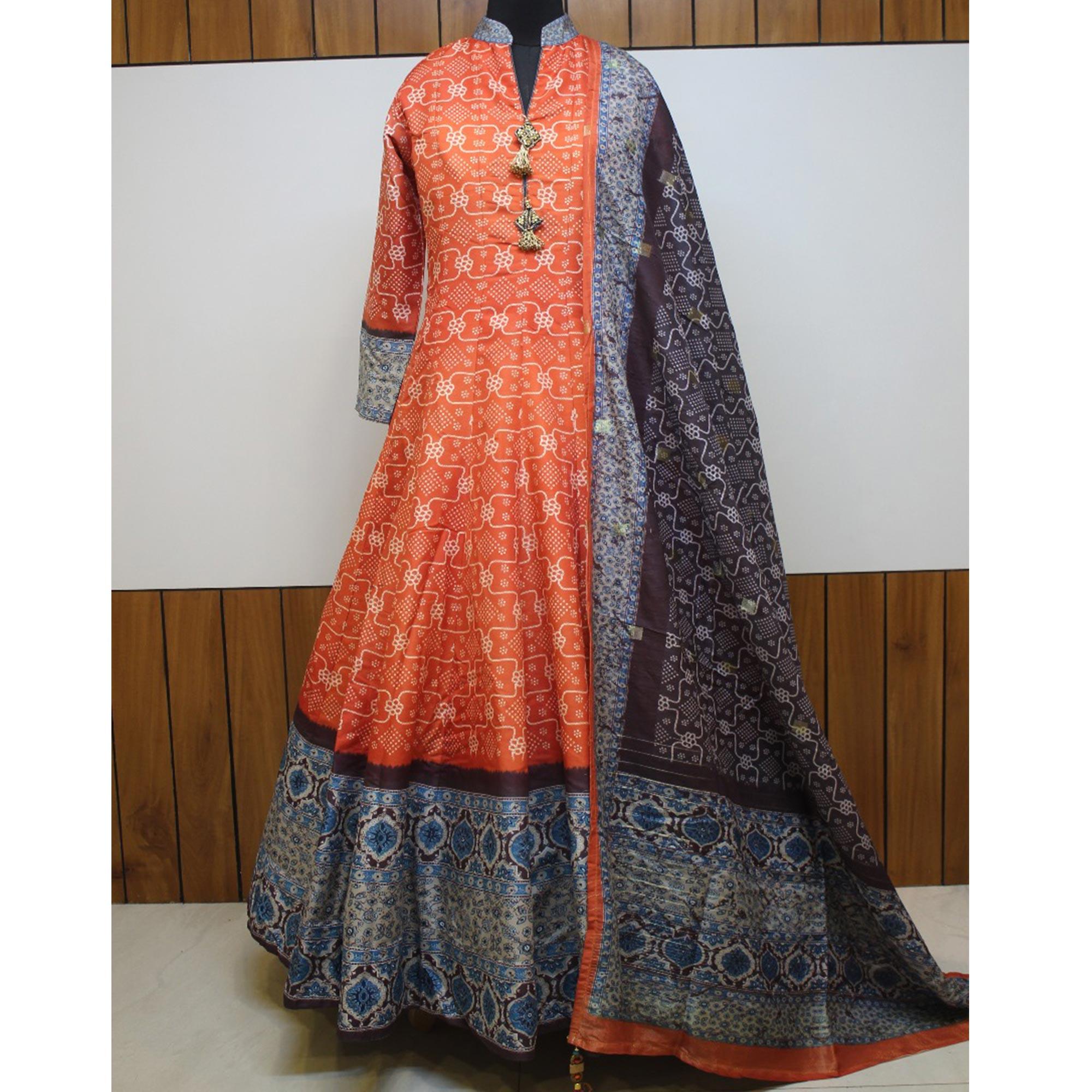 Partywear Vermillion-Orange Digital Printed Killer Silk anarkali Suit - Peachmode
