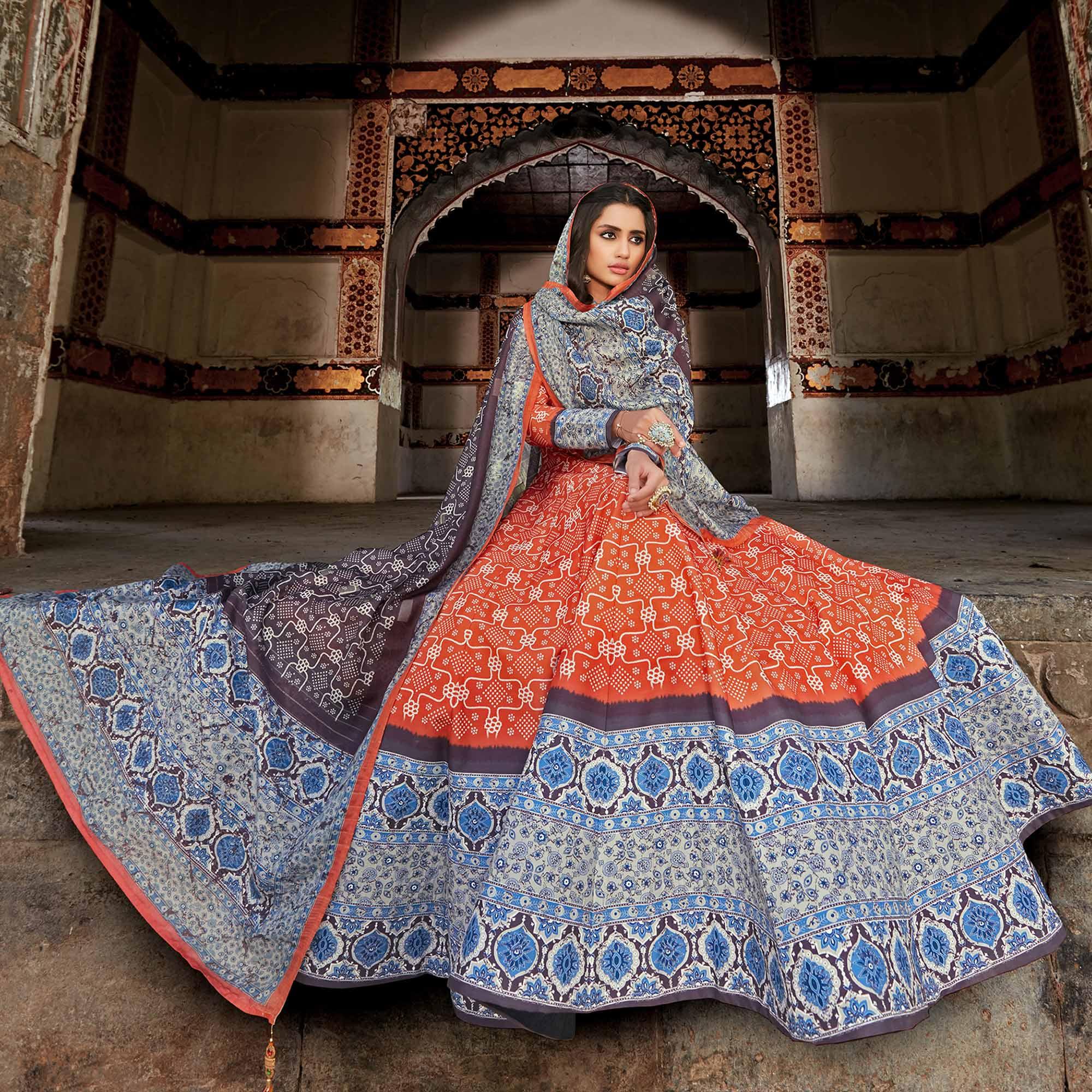 Partywear Vermillion-Orange Digital Printed Killer Silk anarkali Suit - Peachmode