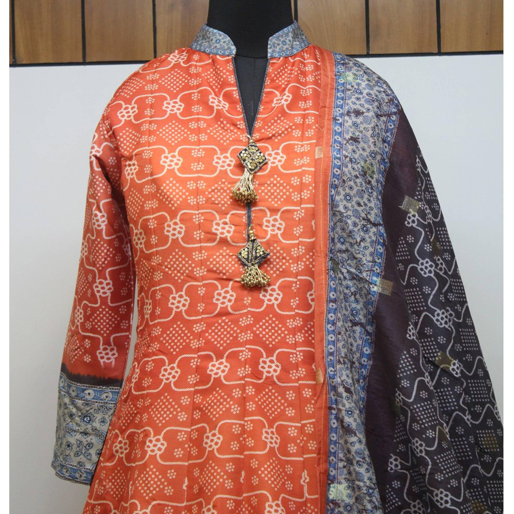 Partywear Vermillion-Orange Digital Printed Killer Silk anarkali Suit - Peachmode