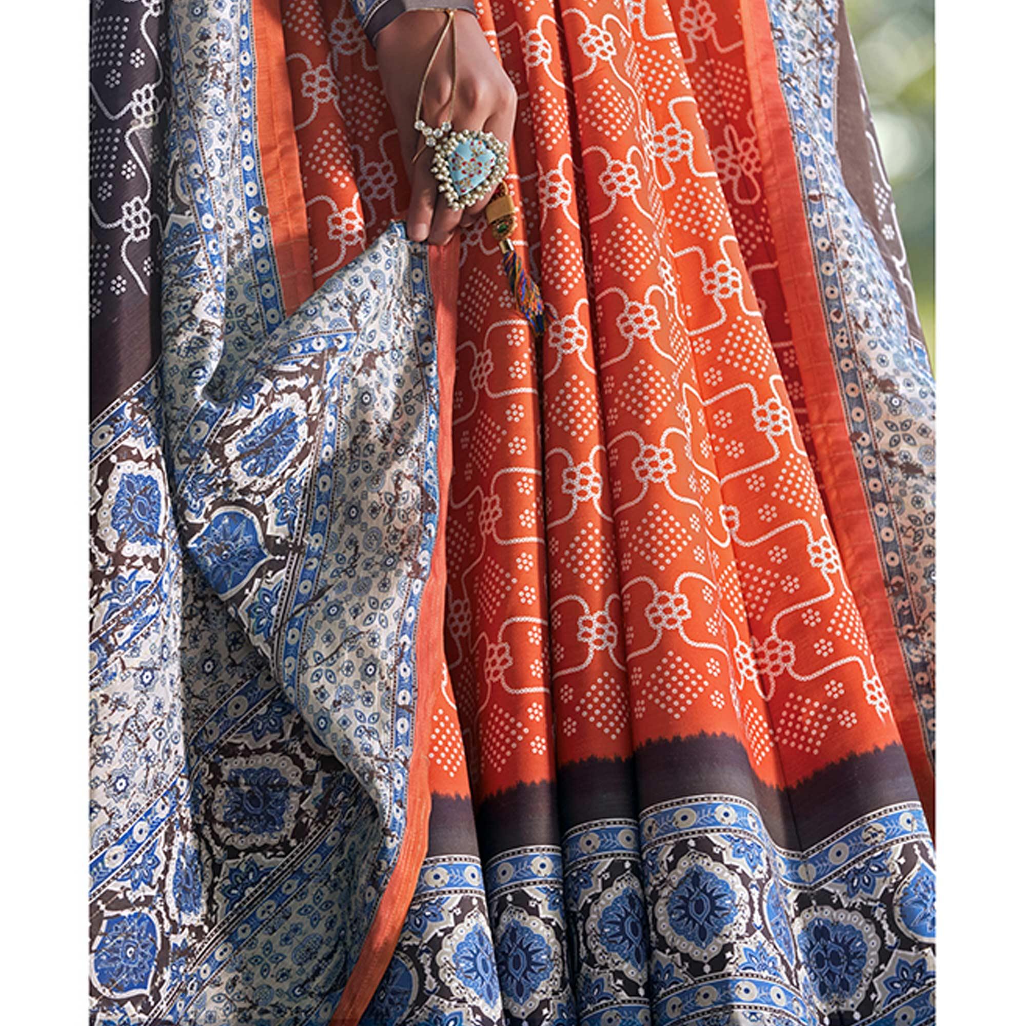 Partywear Vermillion-Orange Digital Printed Killer Silk anarkali Suit - Peachmode