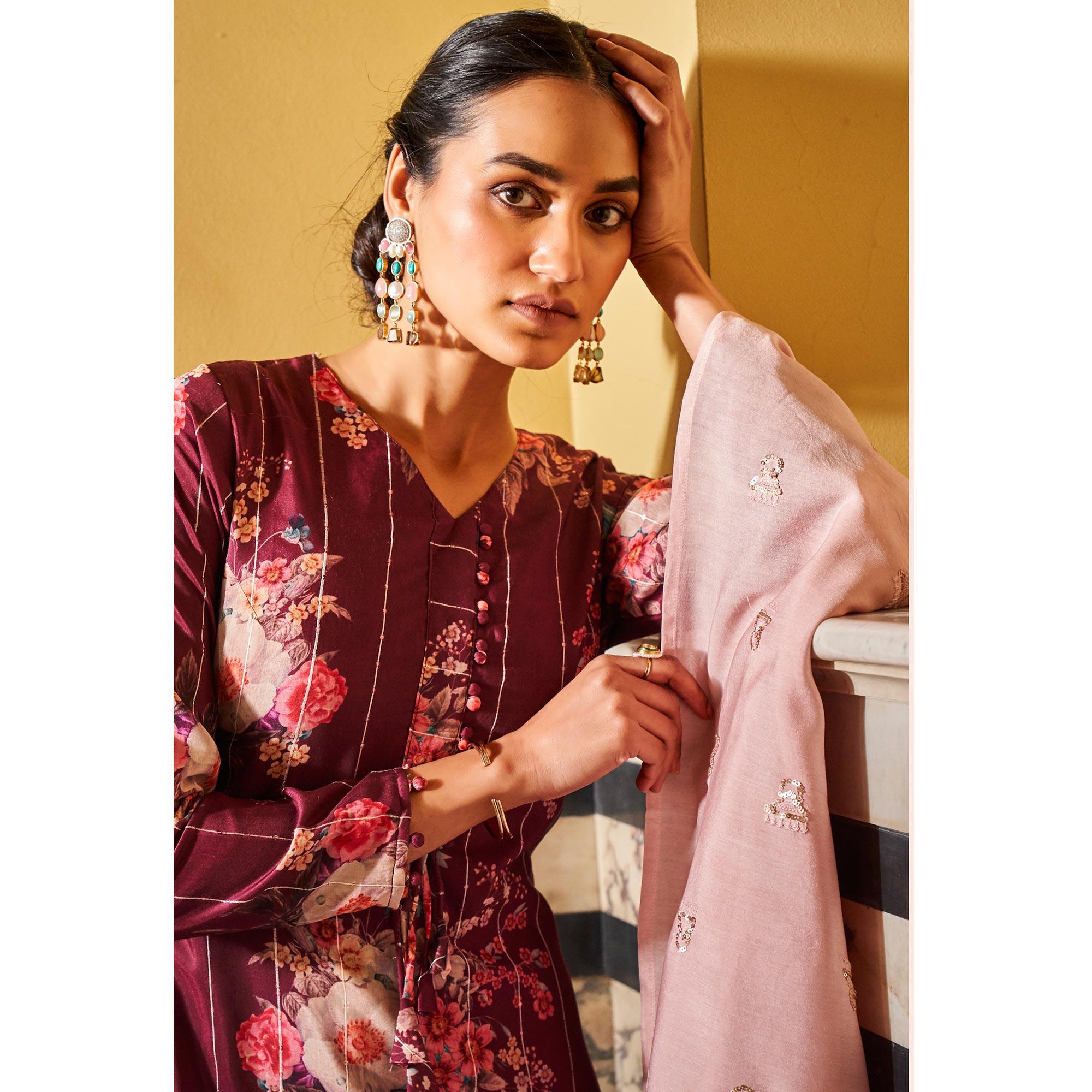 Partywear Wine Designer Floral Printed Crochet Palazzo Suit - Peachmode