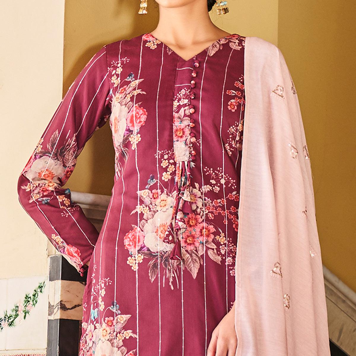 Partywear Wine Designer Floral Printed Crochet Palazzo Suit - Peachmode