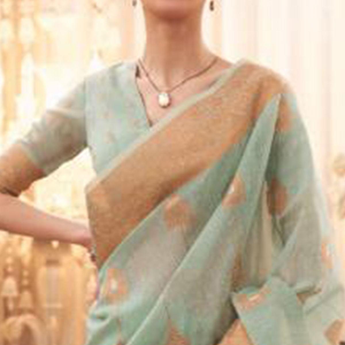 Pastel Blue Festive Wear Woven Linen Saree - Peachmode