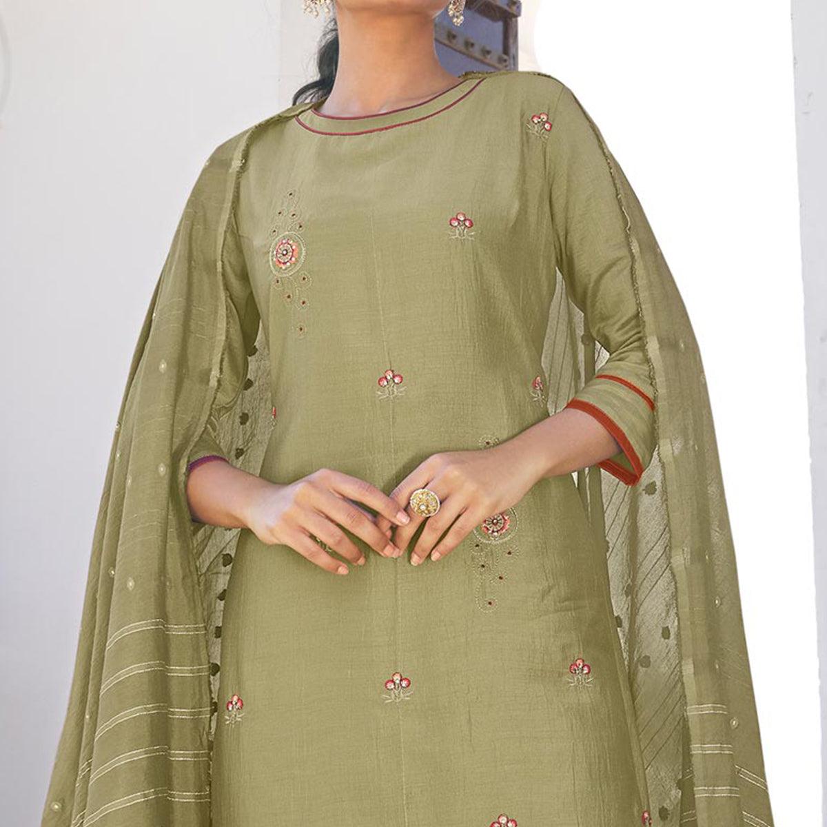 Pastel Green Casual Wear Embroidered Pure Modal Viscose Palazzo Suit - Peachmode