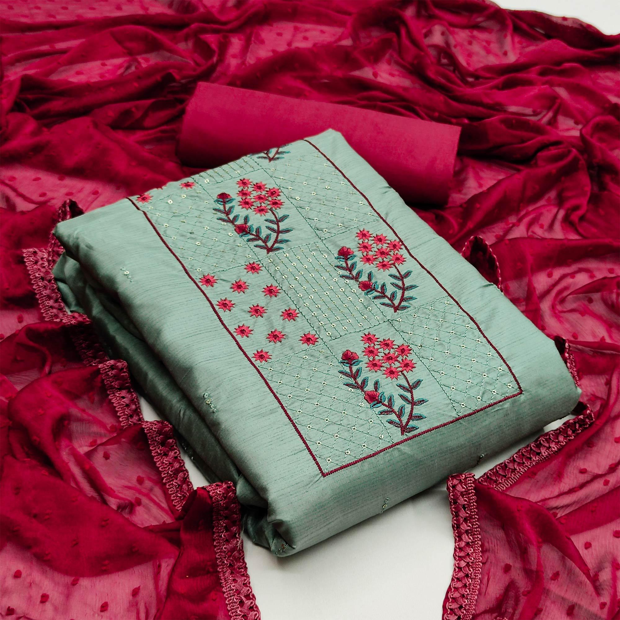 Pastel Green Casual Wear Floral Embroidered Silk Dress Material - Peachmode