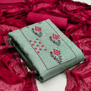 Pastel Green Casual Wear Floral Embroidered Silk Dress Material - Peachmode
