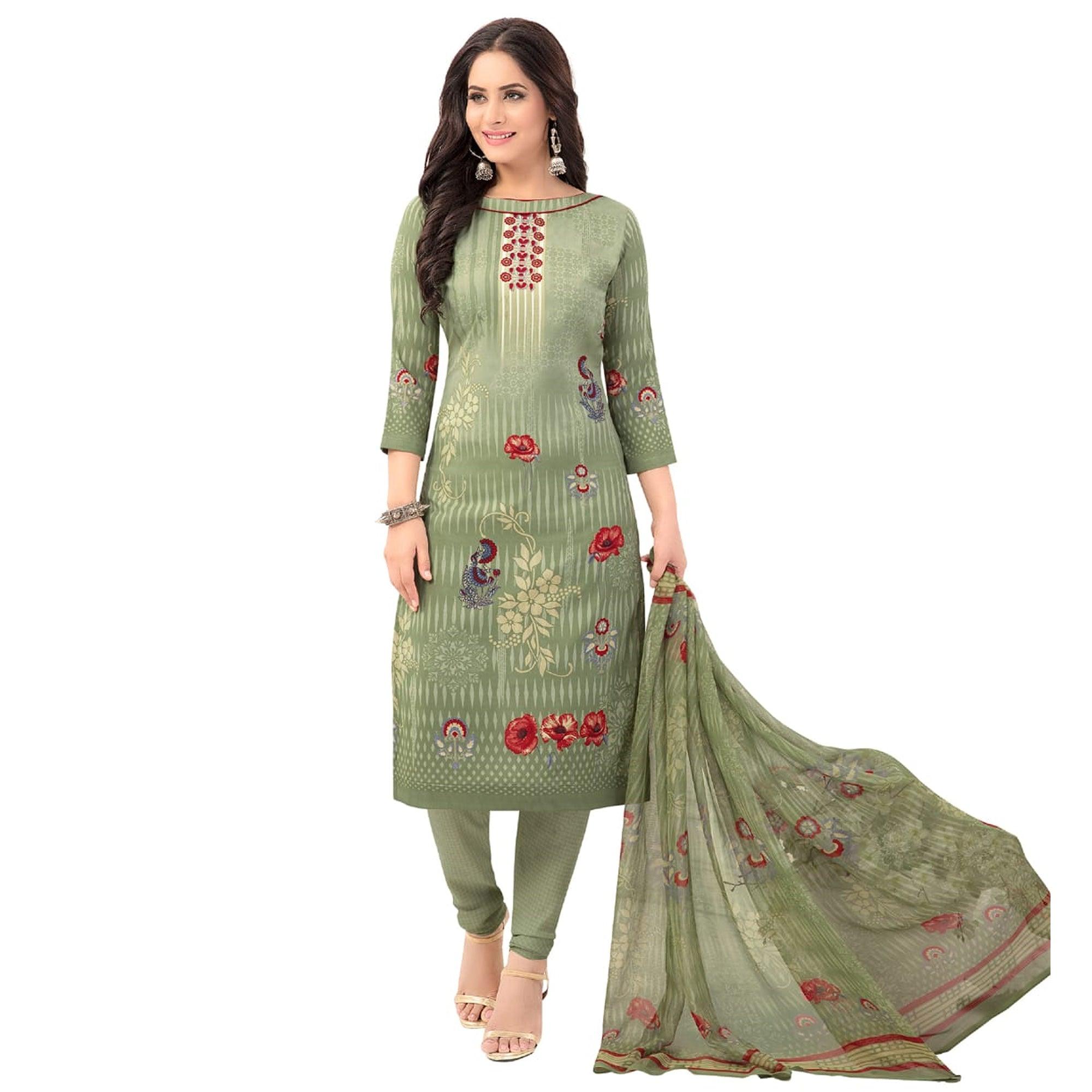 Pastel Green Casual Wear Printed Poly Crepe Dress Material - Peachmode