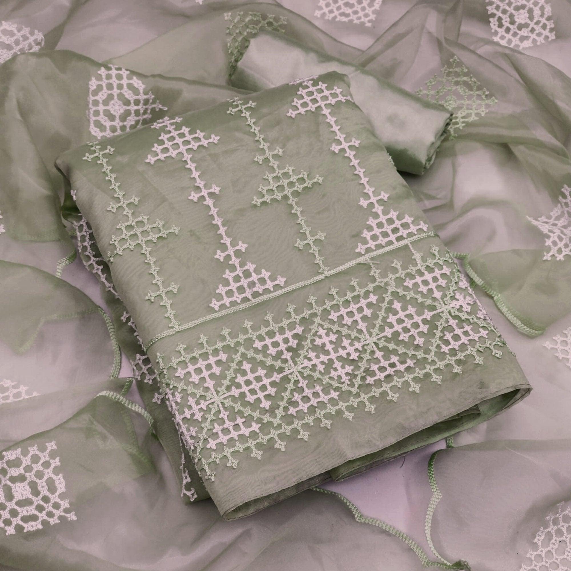 Pastel Green Embroidered Organza Dress Material - Peachmode