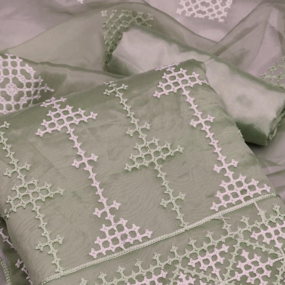 Pastel Green Embroidered Organza Dress Material - Peachmode