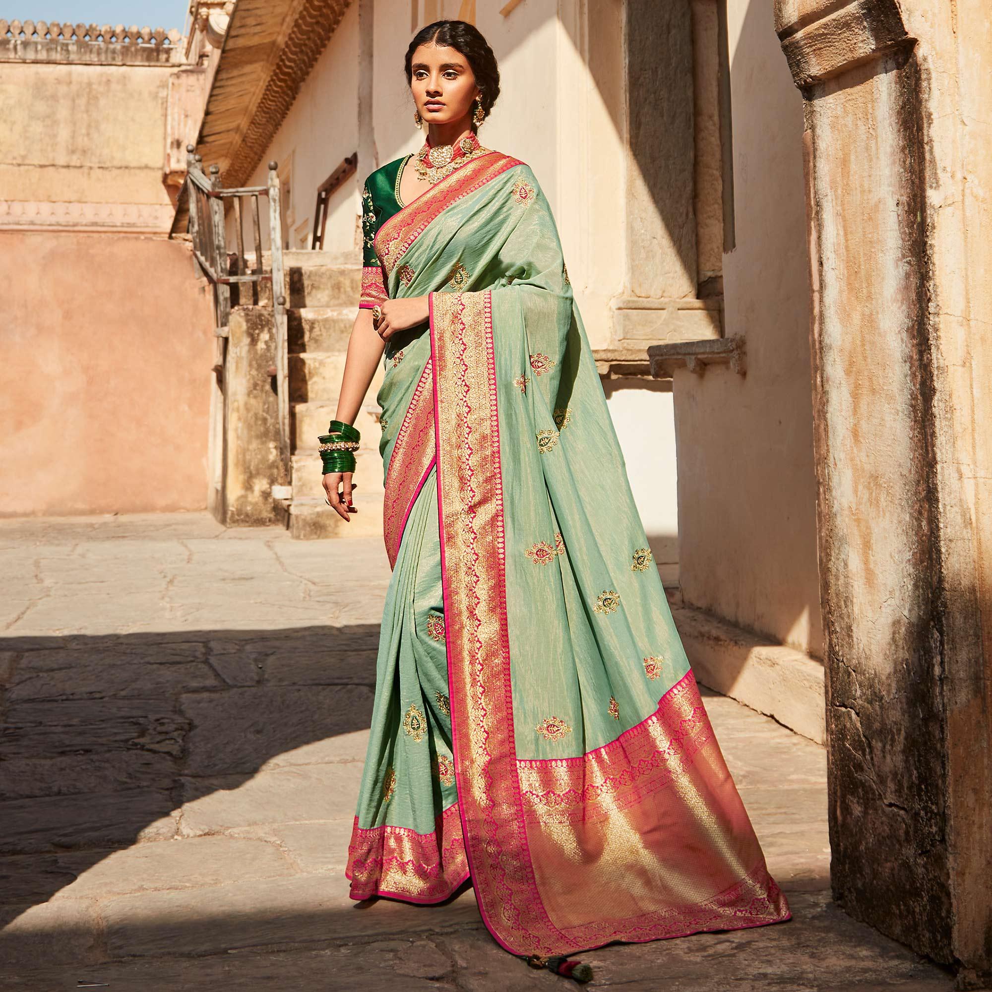 Pastel Green Festive Wear Woven-Embroidered Silk Saree - Peachmode
