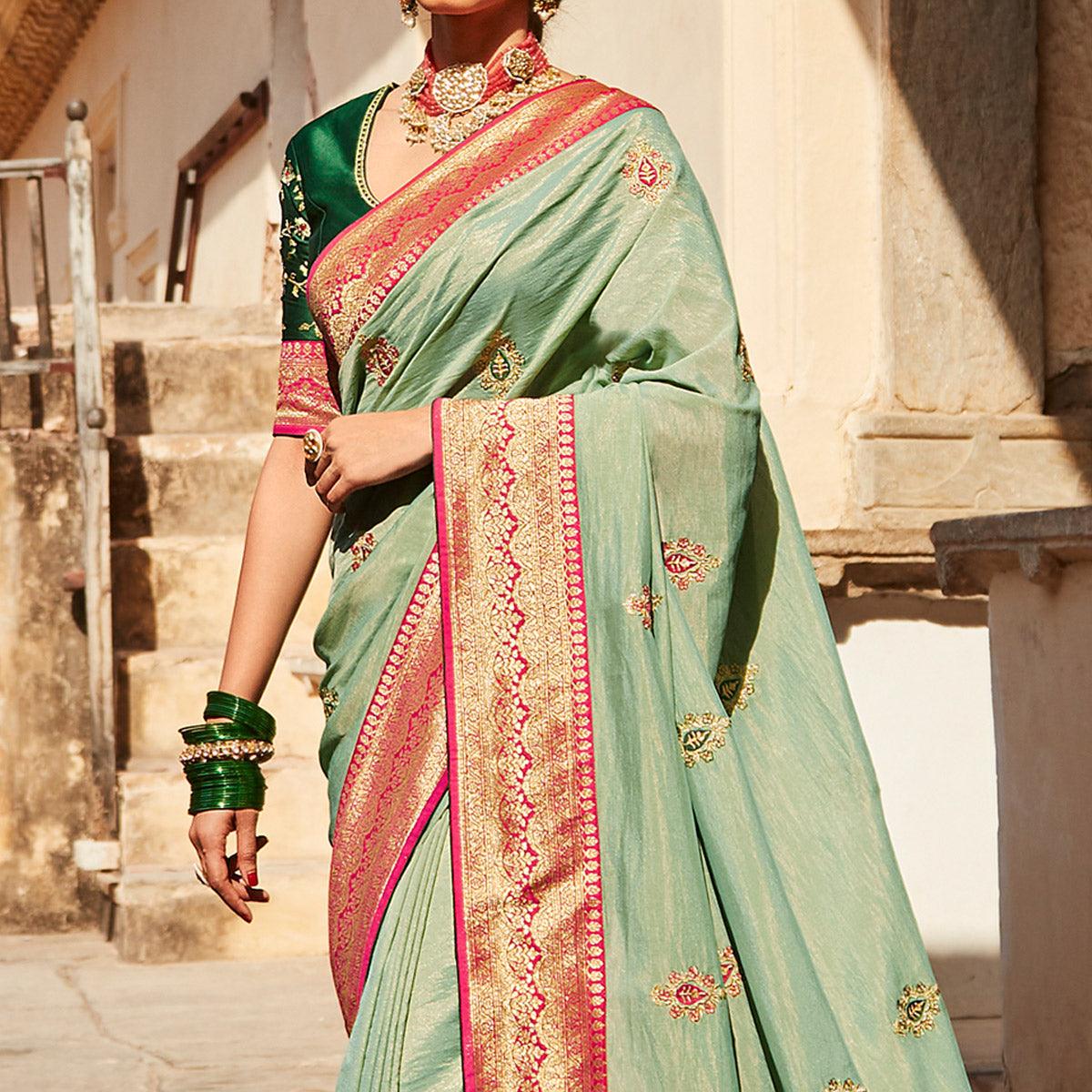 Pastel Green Festive Wear Woven-Embroidered Silk Saree - Peachmode