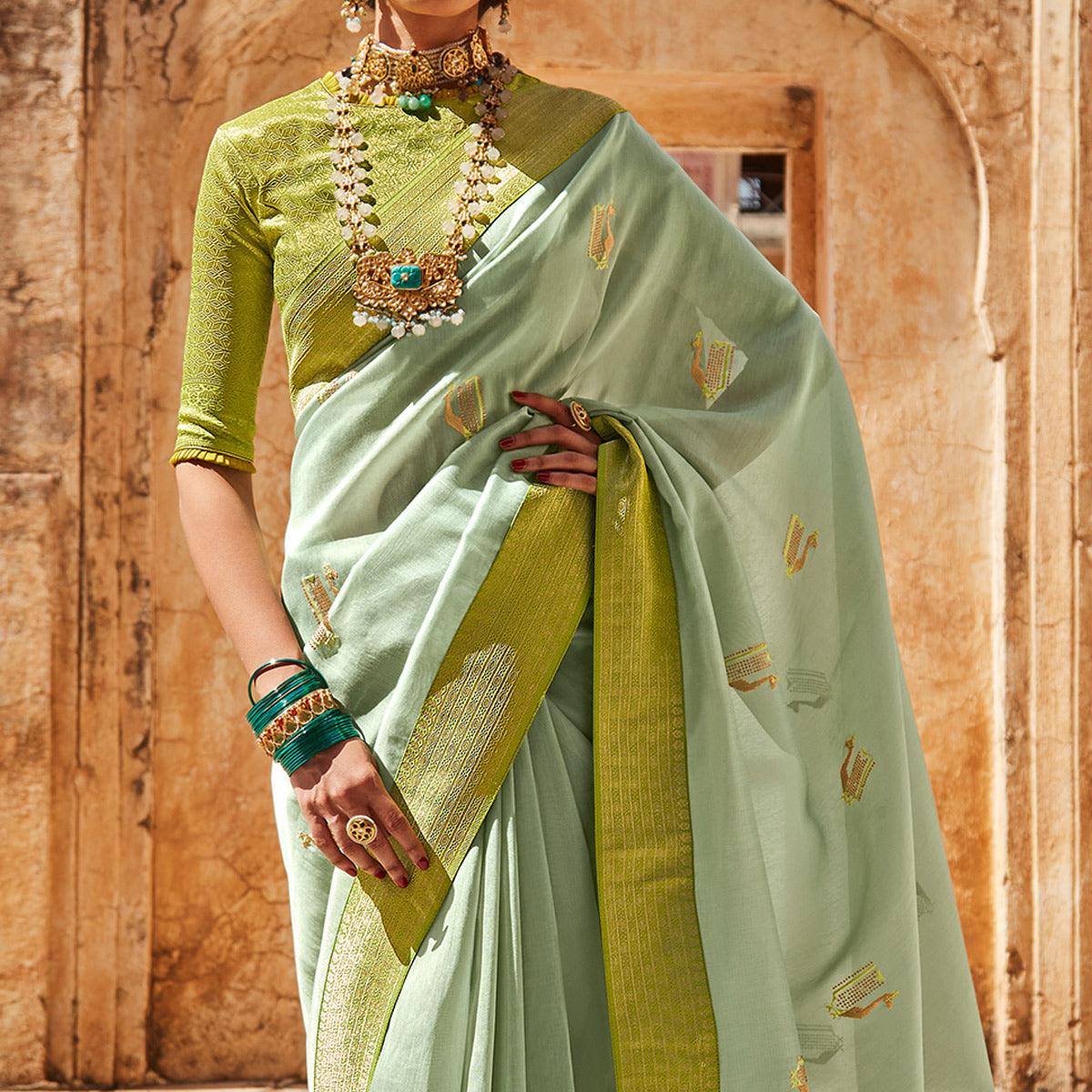 Pastel Green Festive Wear Woven-Embroidered Silk Saree - Peachmode