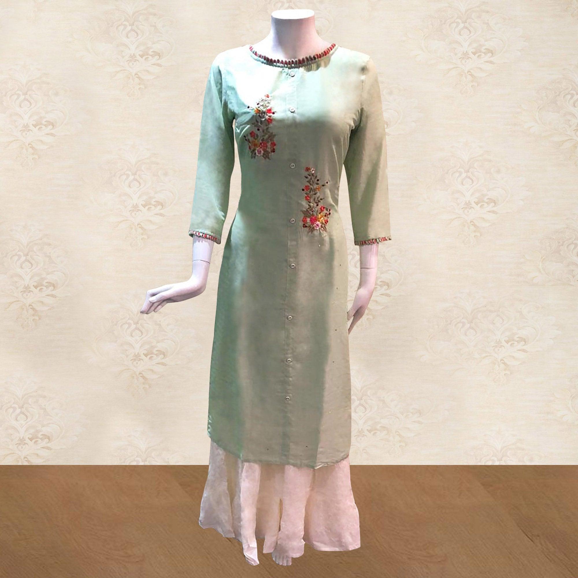 Pastel Green Floral Embroidered Satin Kurti Palazzo Set - Peachmode