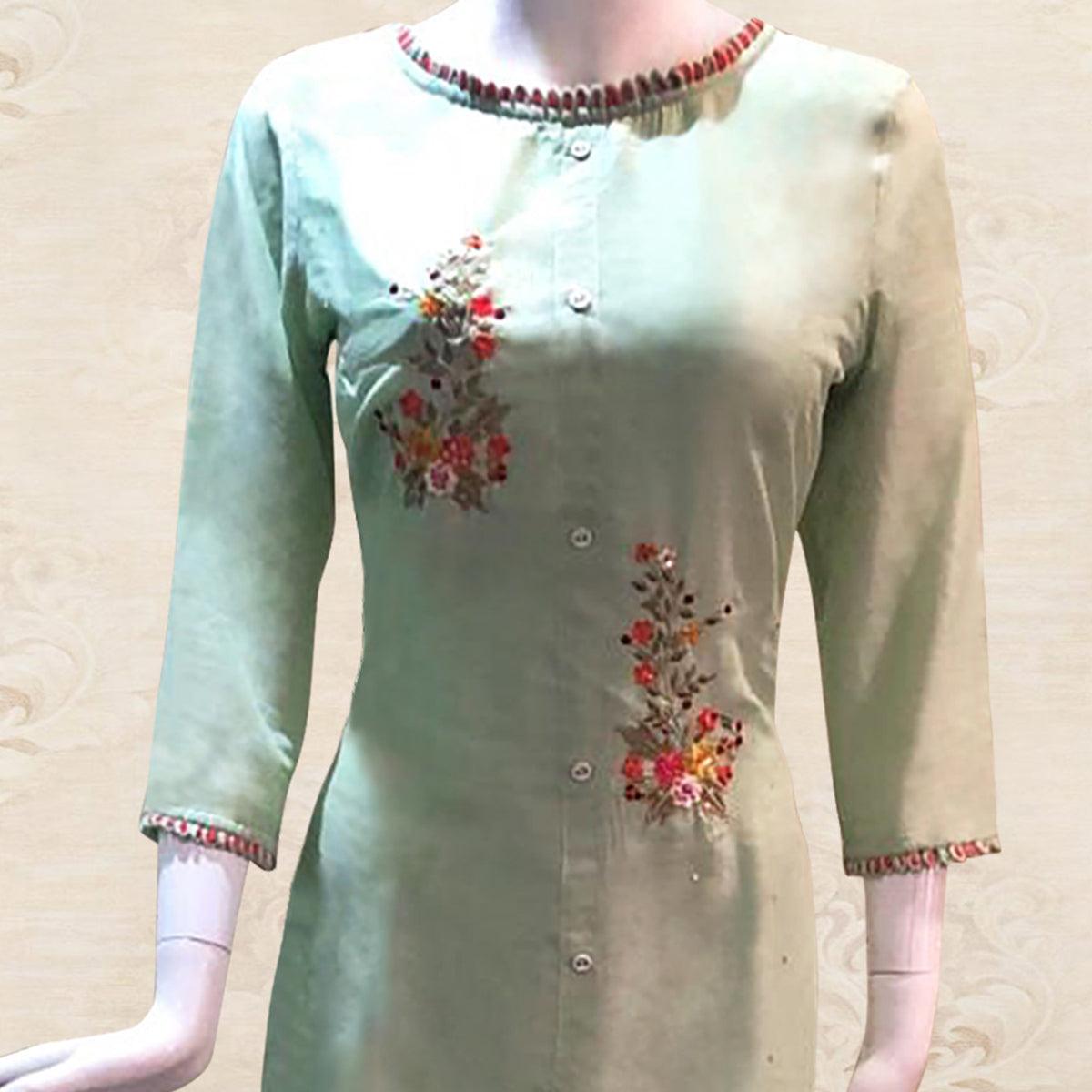 Pastel Green Floral Embroidered Satin Kurti Palazzo Set - Peachmode