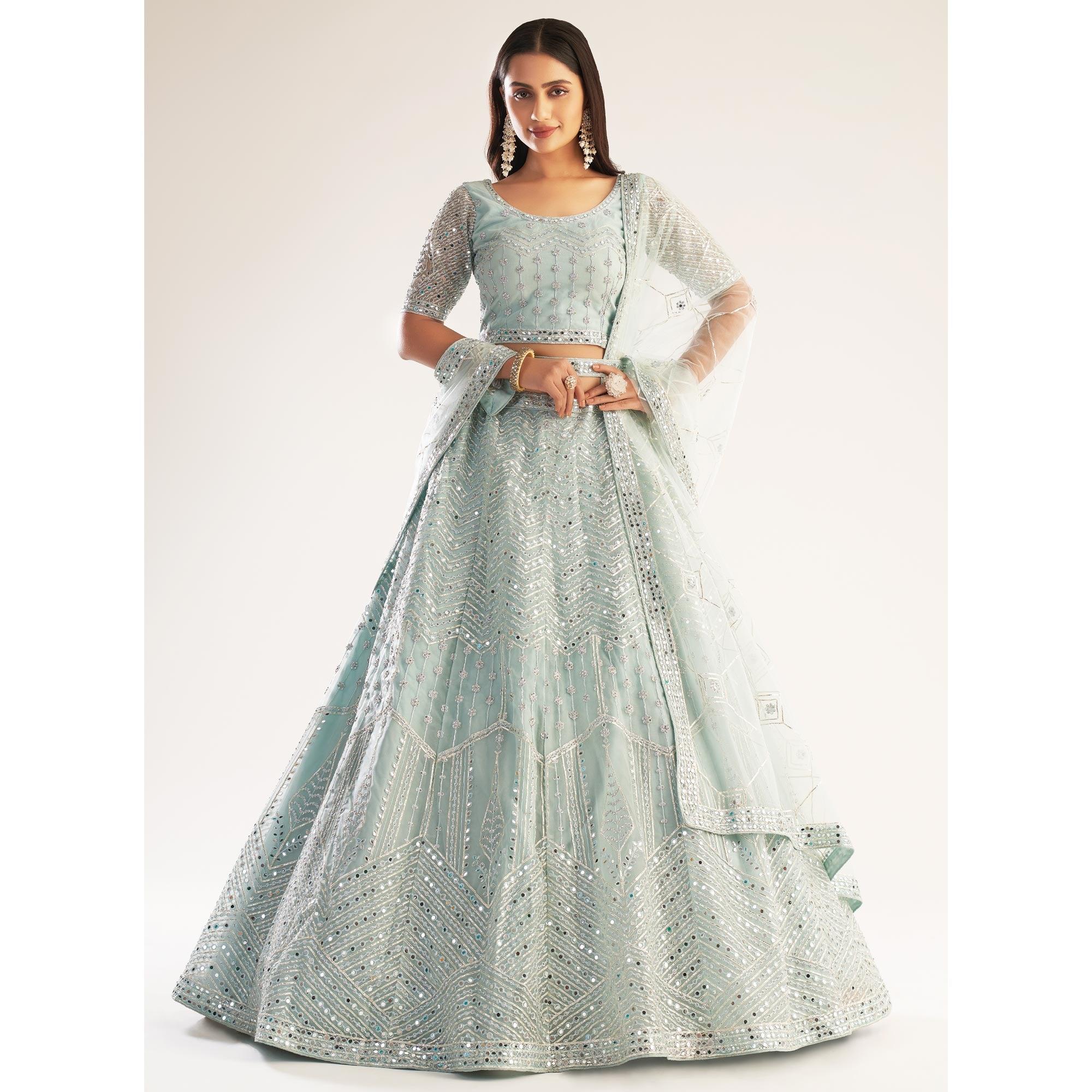 Pastel Ocean Blue Wedding Wear Embellished Heavy Butterfly Net Lehenga Choli - Peachmode