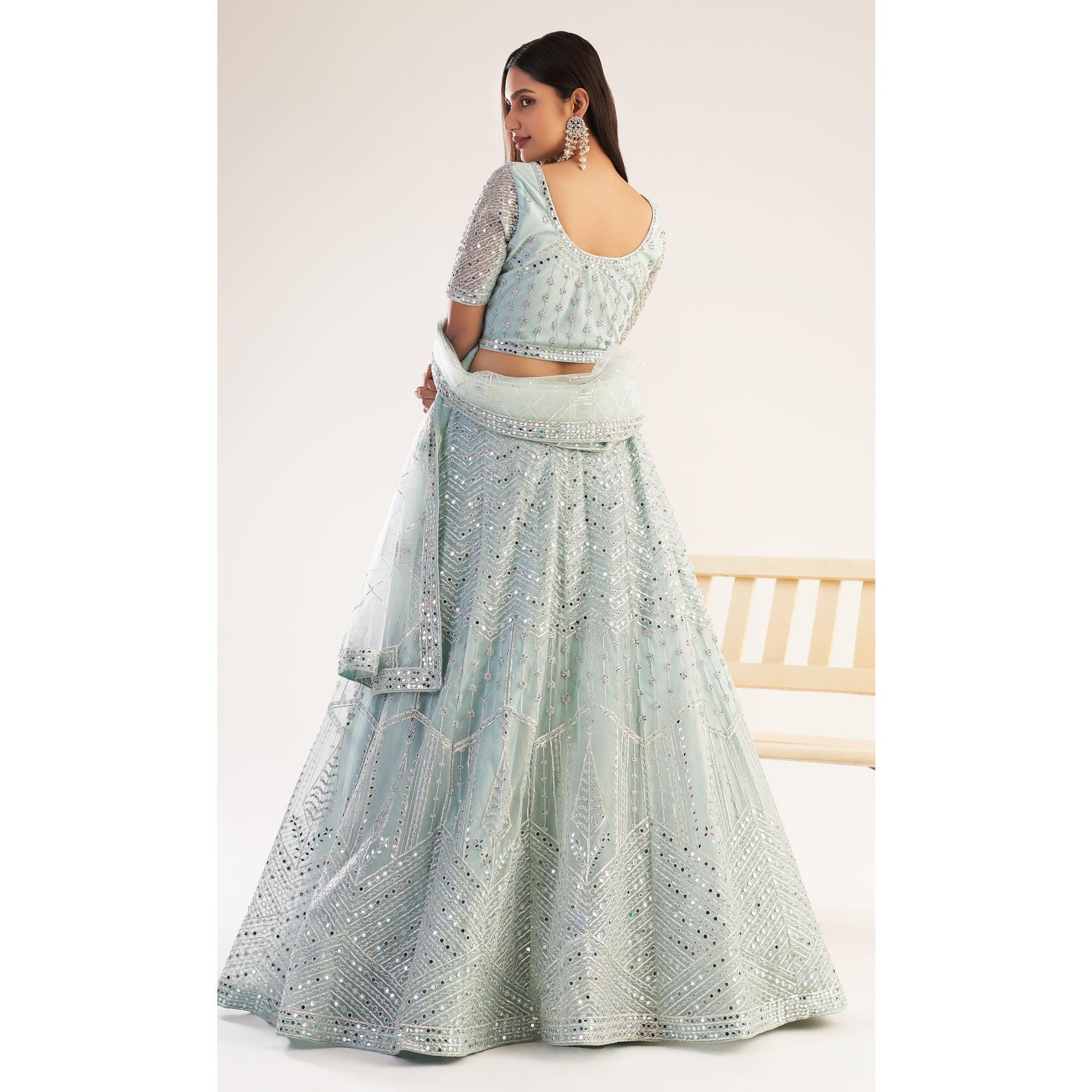 Pastel Ocean Blue Wedding Wear Embellished Heavy Butterfly Net Lehenga Choli - Peachmode