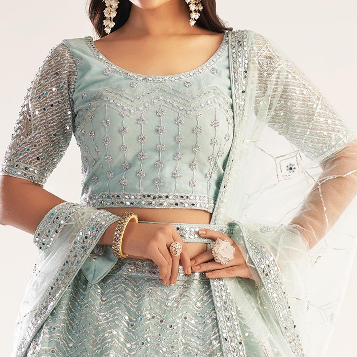 Pastel Ocean Blue Wedding Wear Embellished Heavy Butterfly Net Lehenga Choli - Peachmode