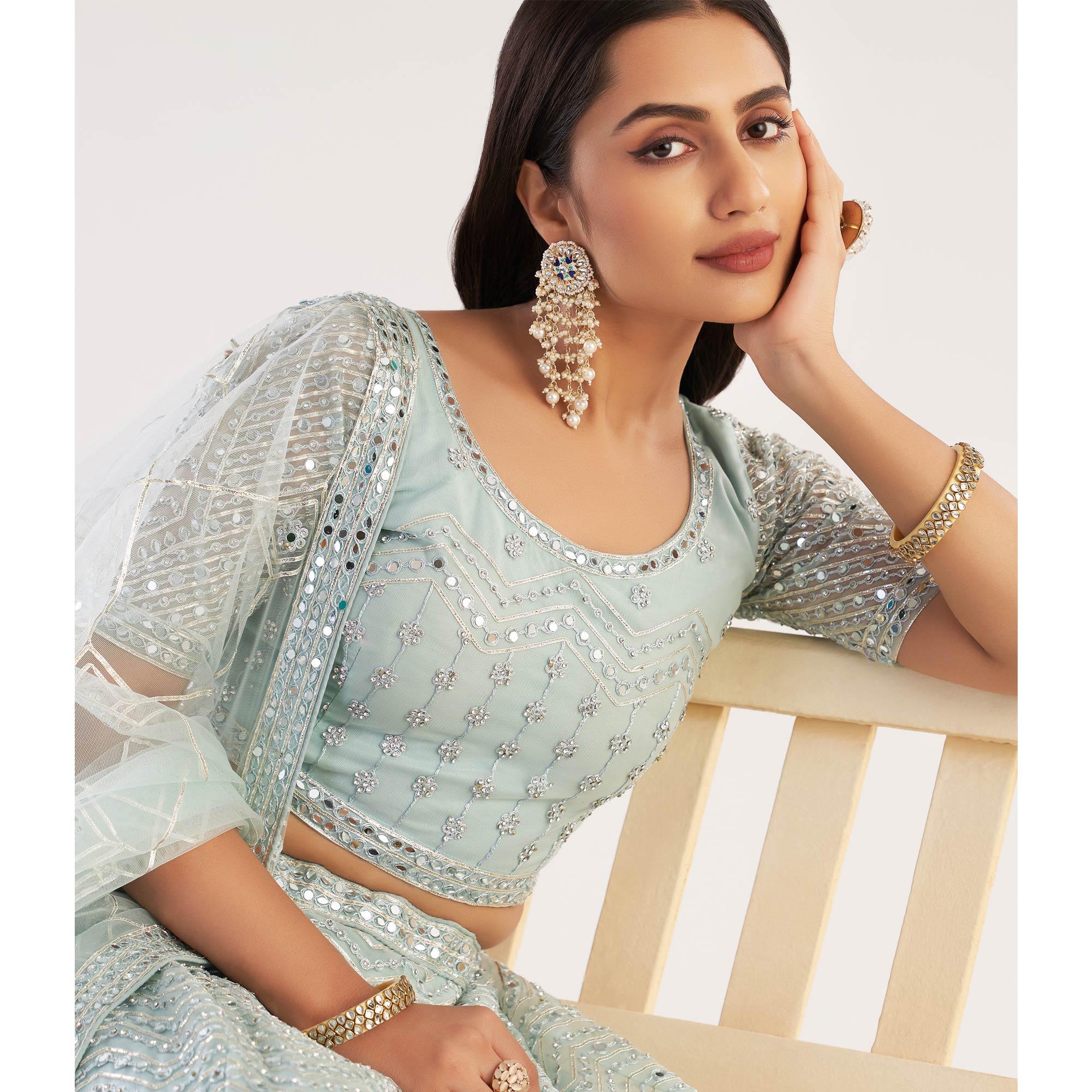 Pastel Ocean Blue Wedding Wear Embellished Heavy Butterfly Net Lehenga Choli - Peachmode