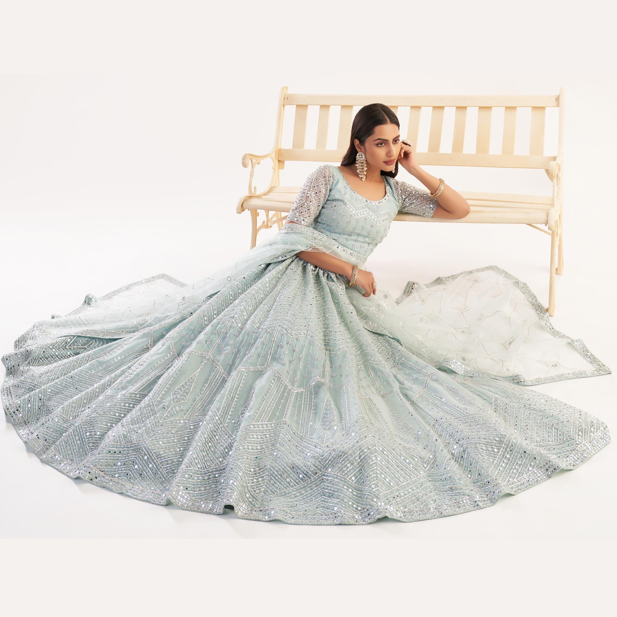 Pastel Ocean Blue Wedding Wear Embellished Heavy Butterfly Net Lehenga Choli - Peachmode