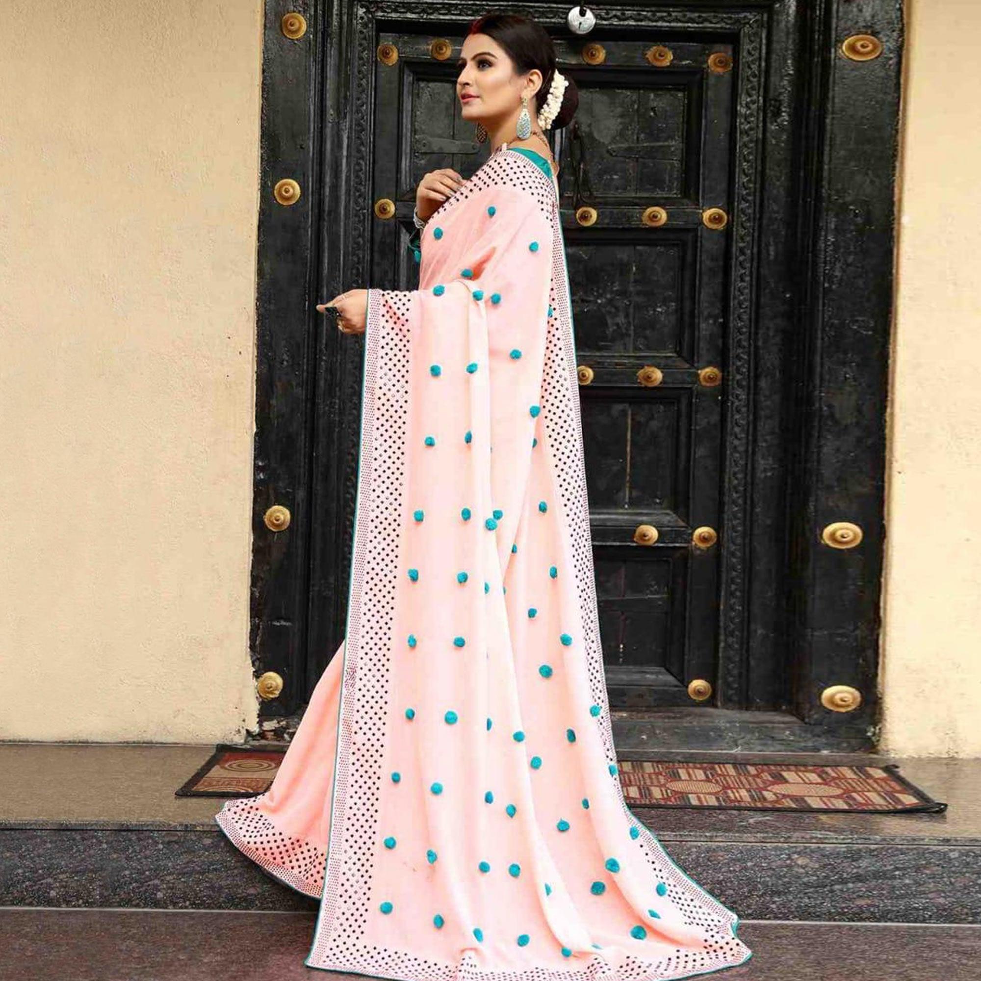 Pastel Pink Embroidered Zoya Silk Saree - Peachmode