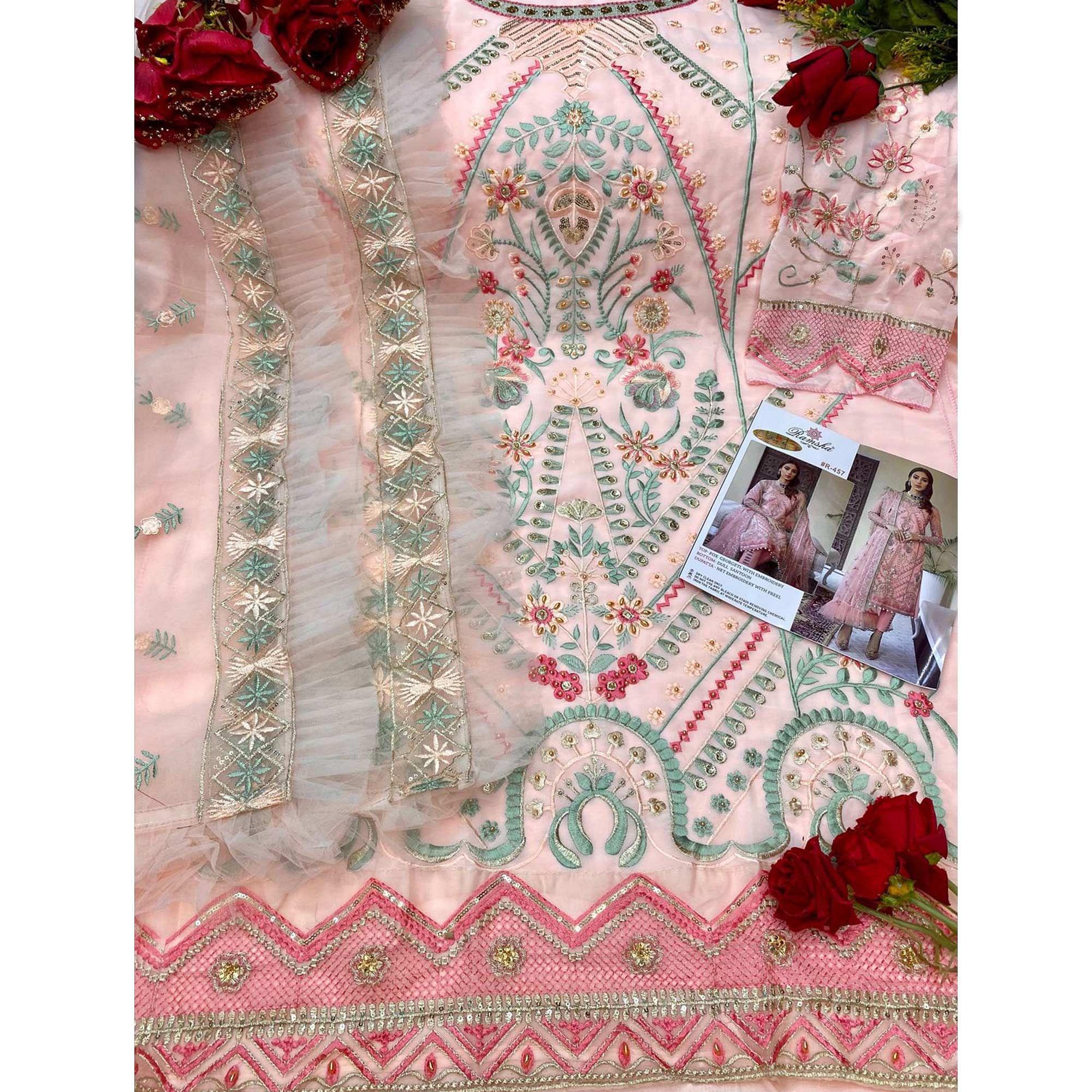 Pastel Pink Party Wear Embroidered Georgette Pakistani Suit - Peachmode