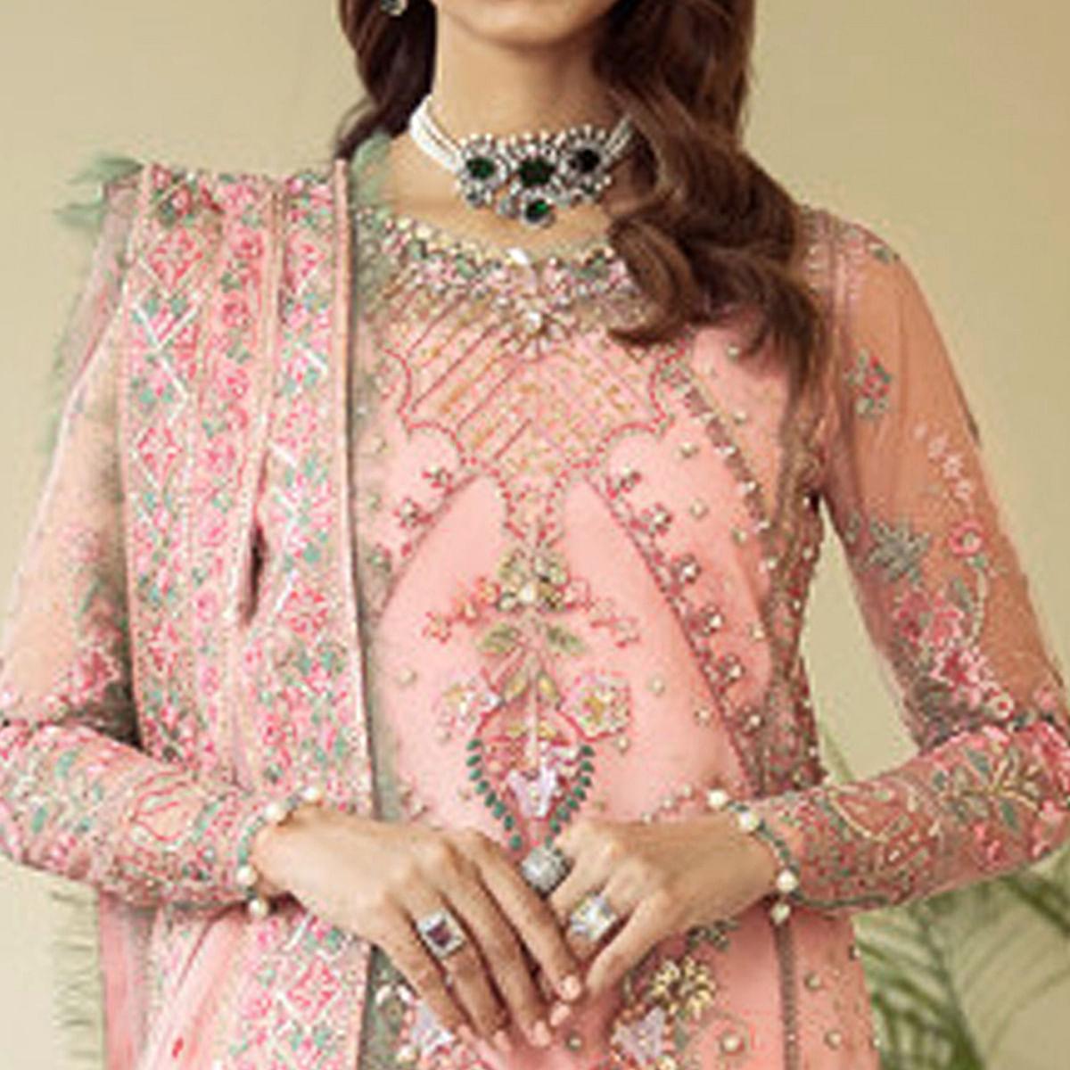 Pastel Pink Party Wear Embroidered Georgette Pakistani Suit - Peachmode