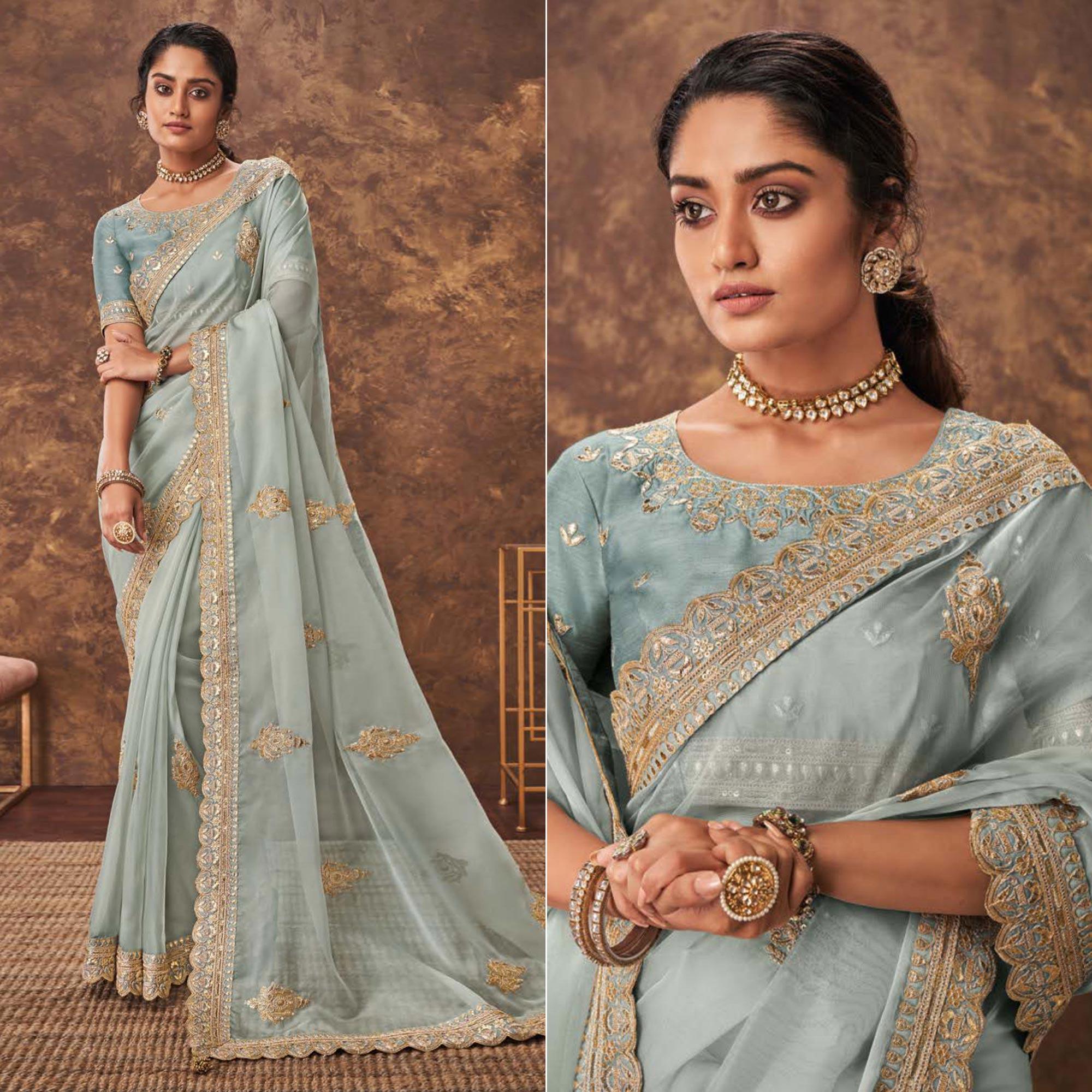 Pastel Stone Blue Party Wear Embroidery With Sequence Work Organza Saree - Peachmode