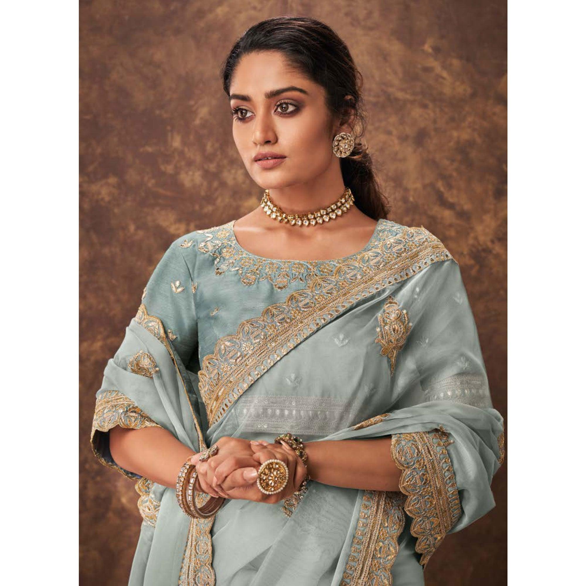 Pastel Stone Blue Party Wear Embroidery With Sequence Work Organza Saree - Peachmode