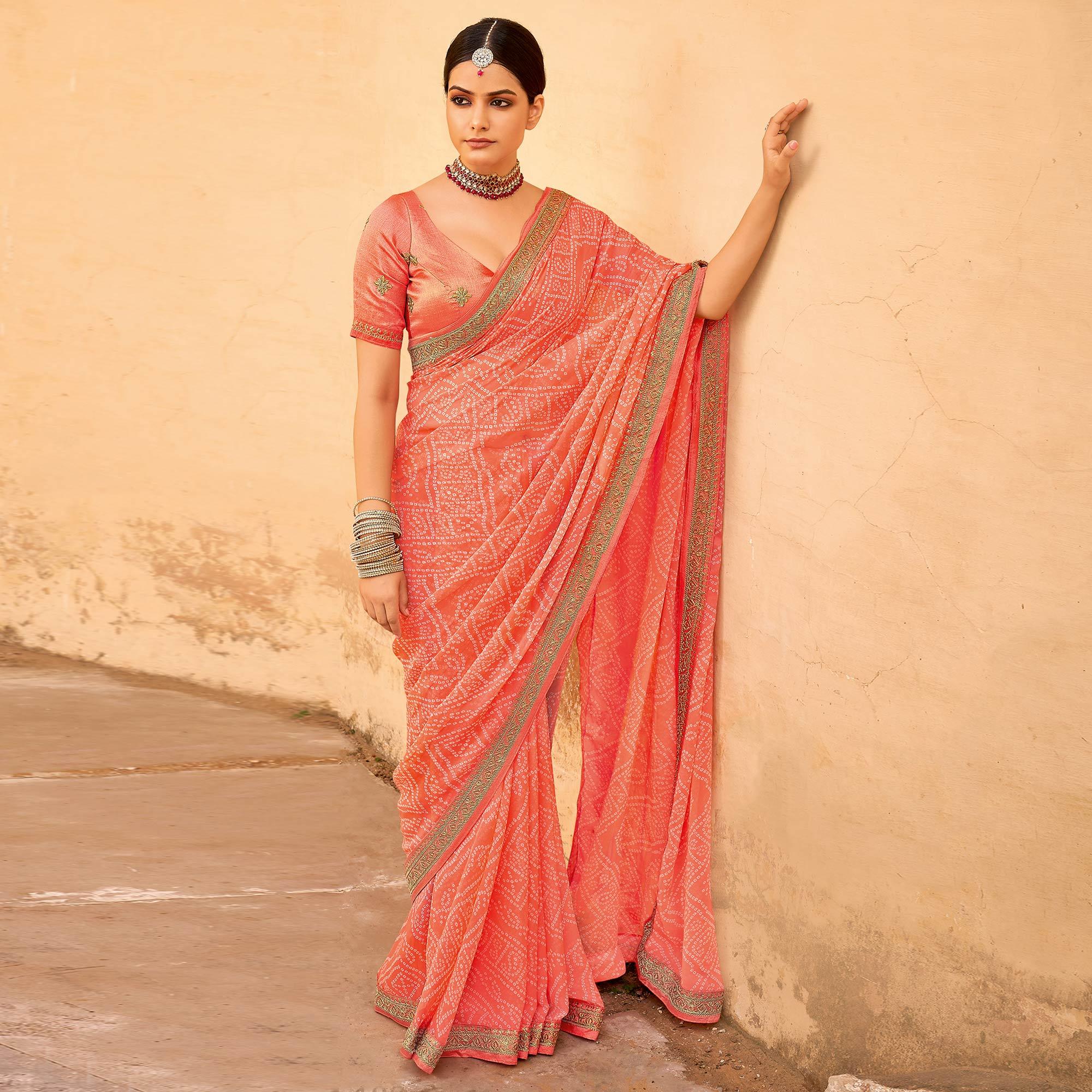 Peach Bandhani Printed Georgette Saree - Peachmode