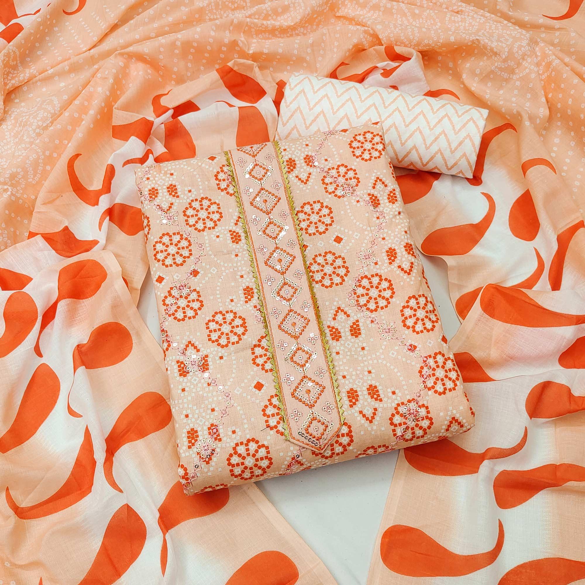 Peach Bandhani Printed With Embroidered Poly Cotton Dress Material - Peachmode