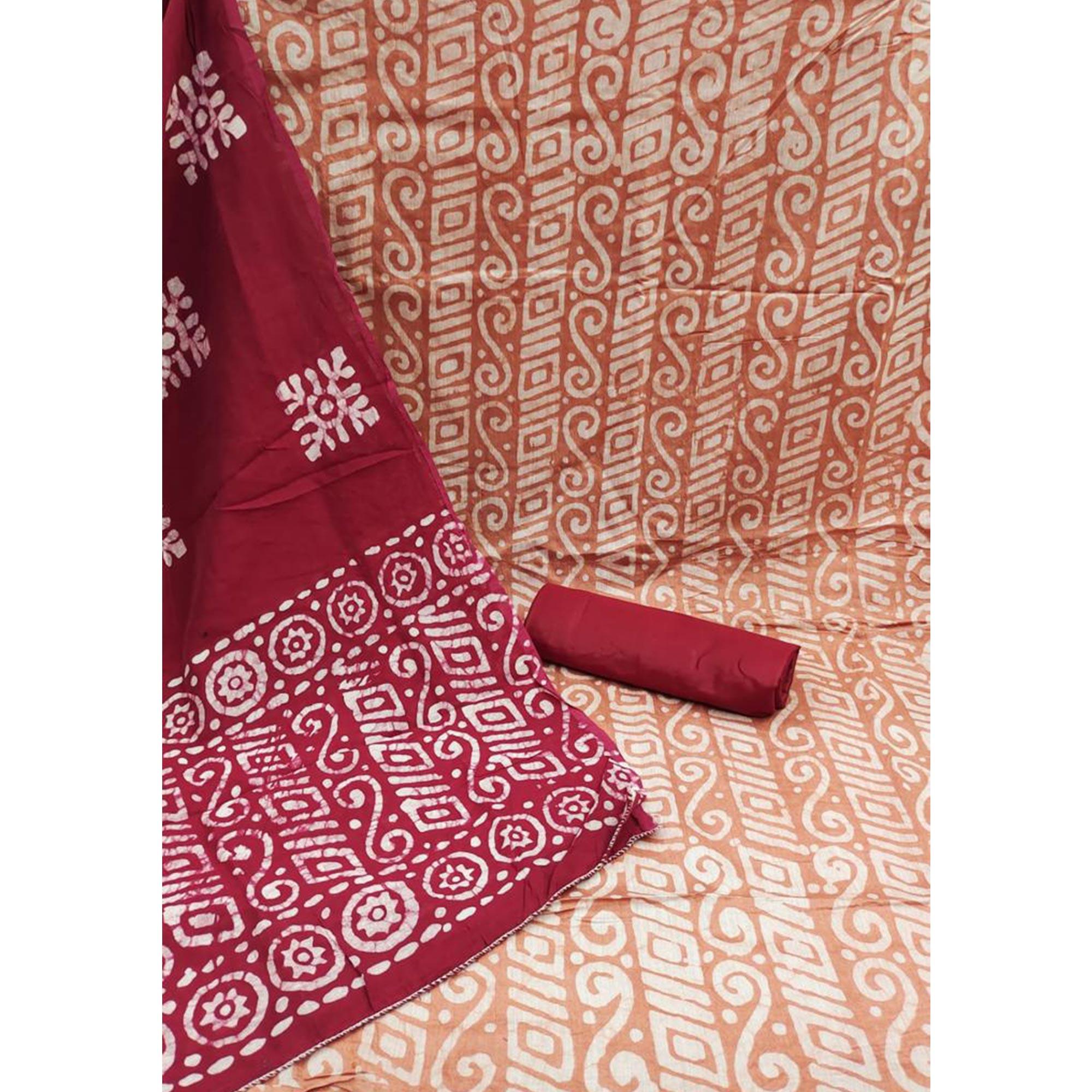 Peach Batik Printed Poly Cotton Dress Material - Peachmode