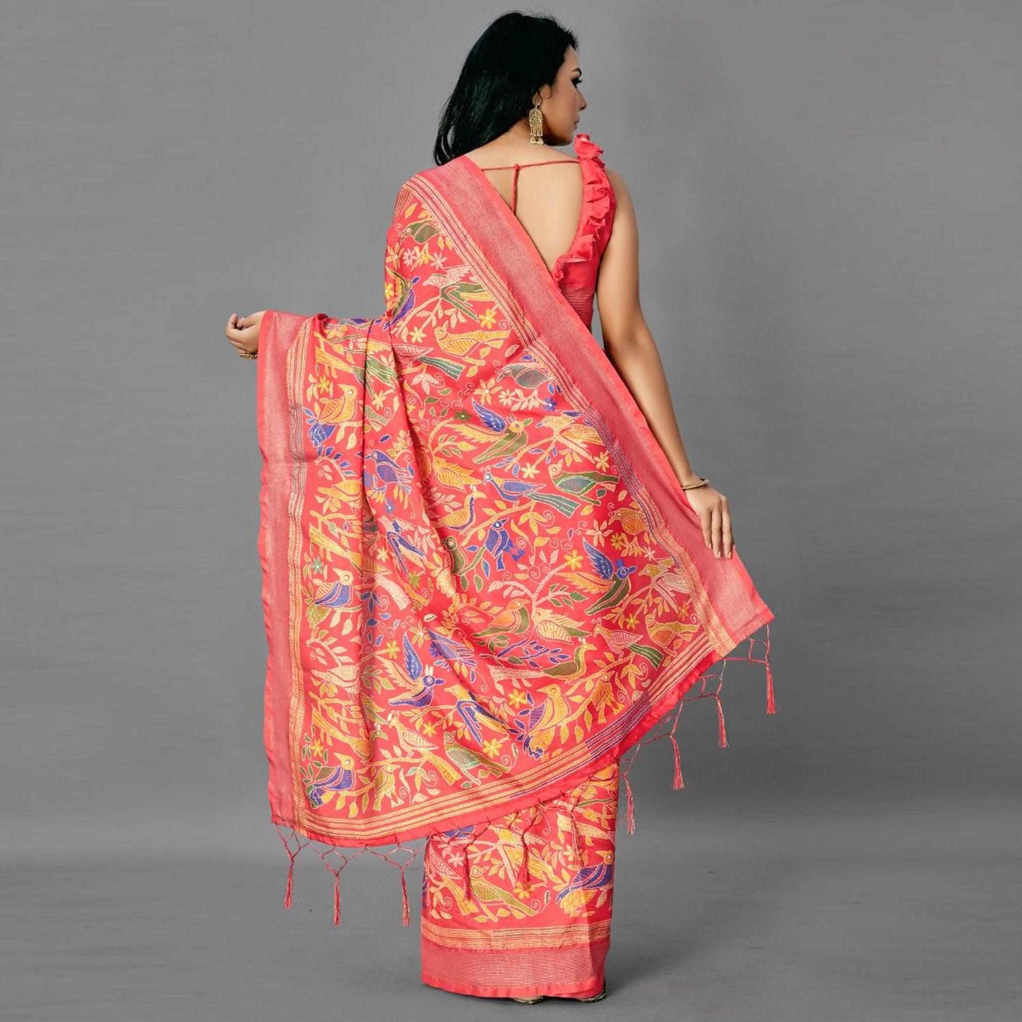 Peach Casual Art Silk Printed Saree With Unstitched Blouse - Peachmode