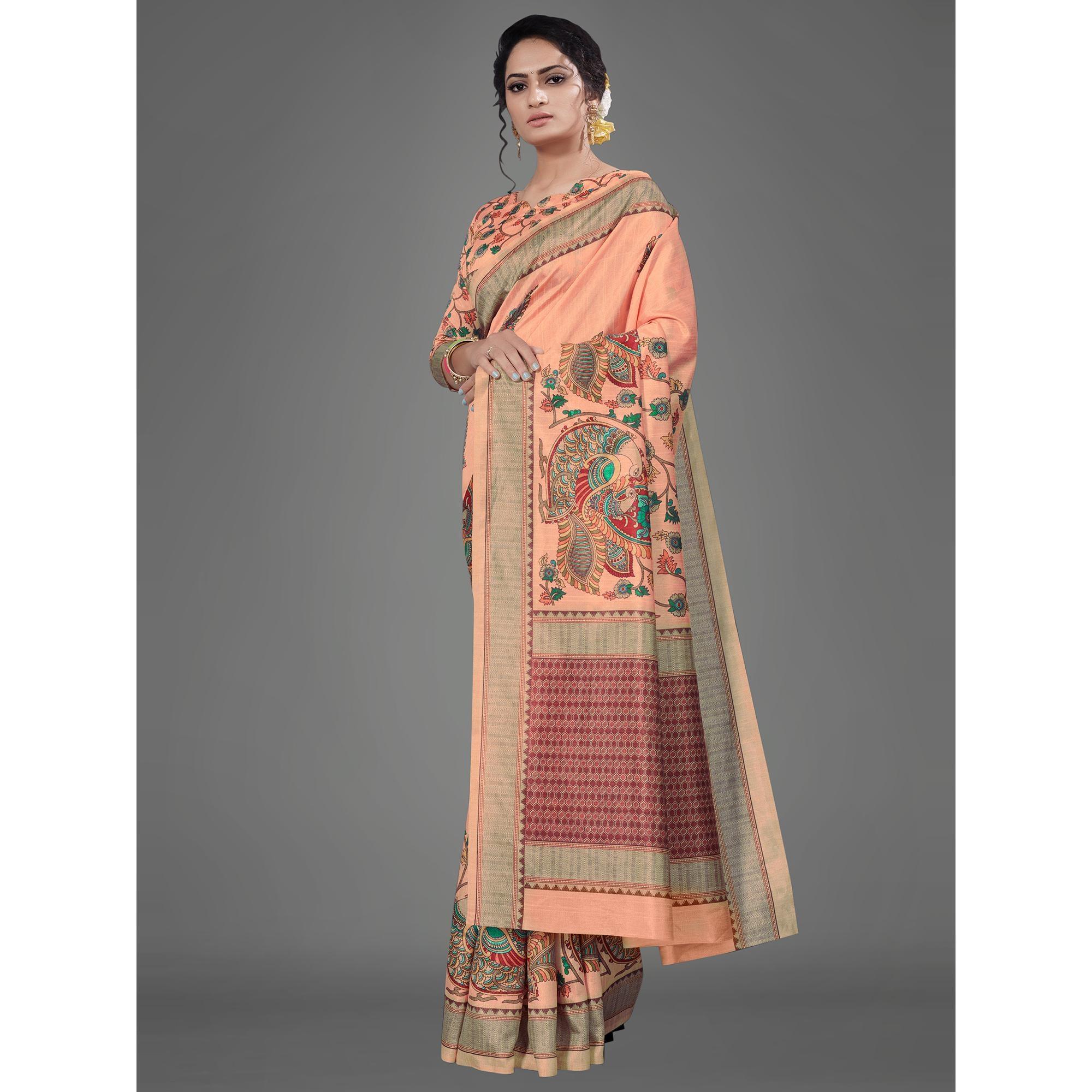 Peach Casual Art Silk Printed Saree With Unstitched Blouse - Peachmode
